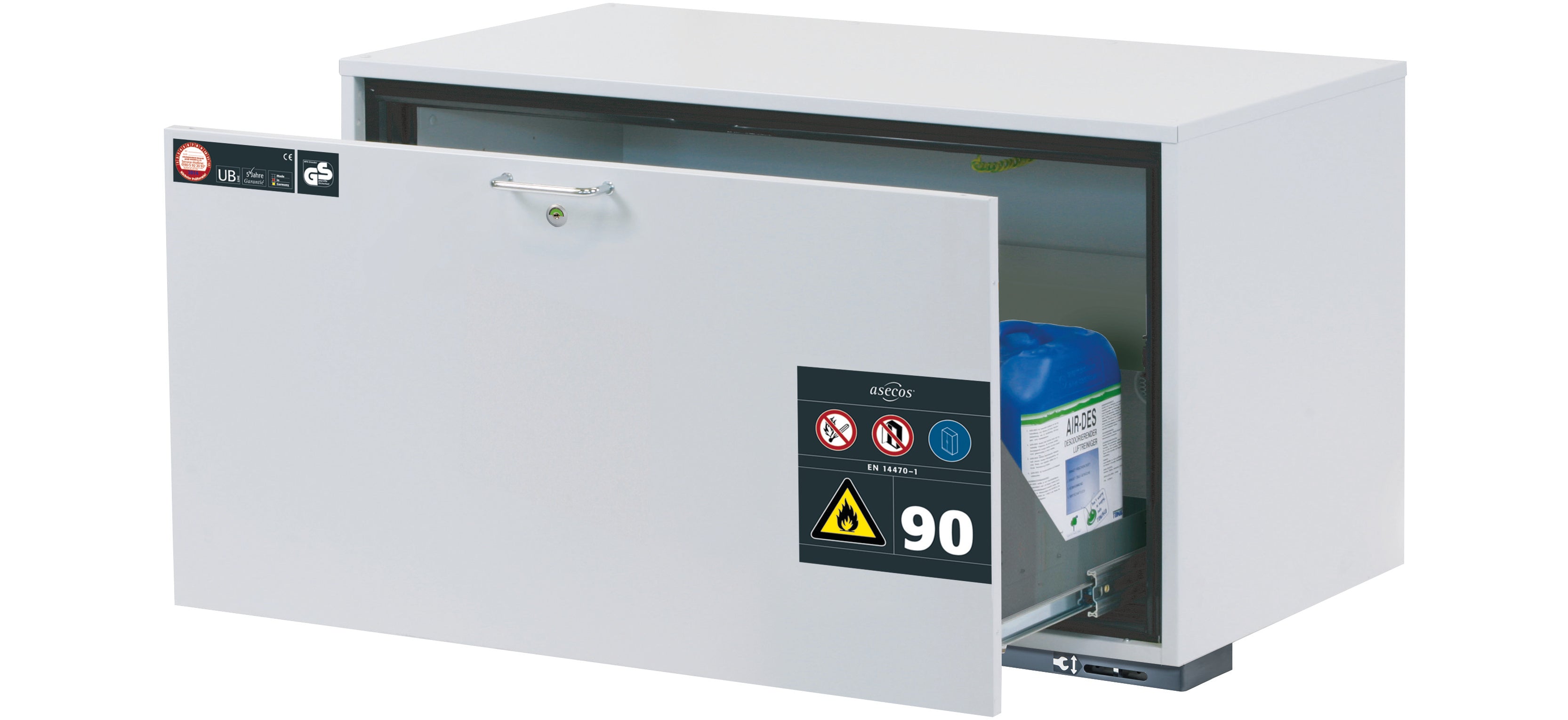 Typ 90 Sicherheitsunterbauschrank UB-S-90 Modell UB90.060.110.S in lichtgrau RAL 7035 mit 1x Schubladenwanne STAWA-R (Edelstahl 1.4301)