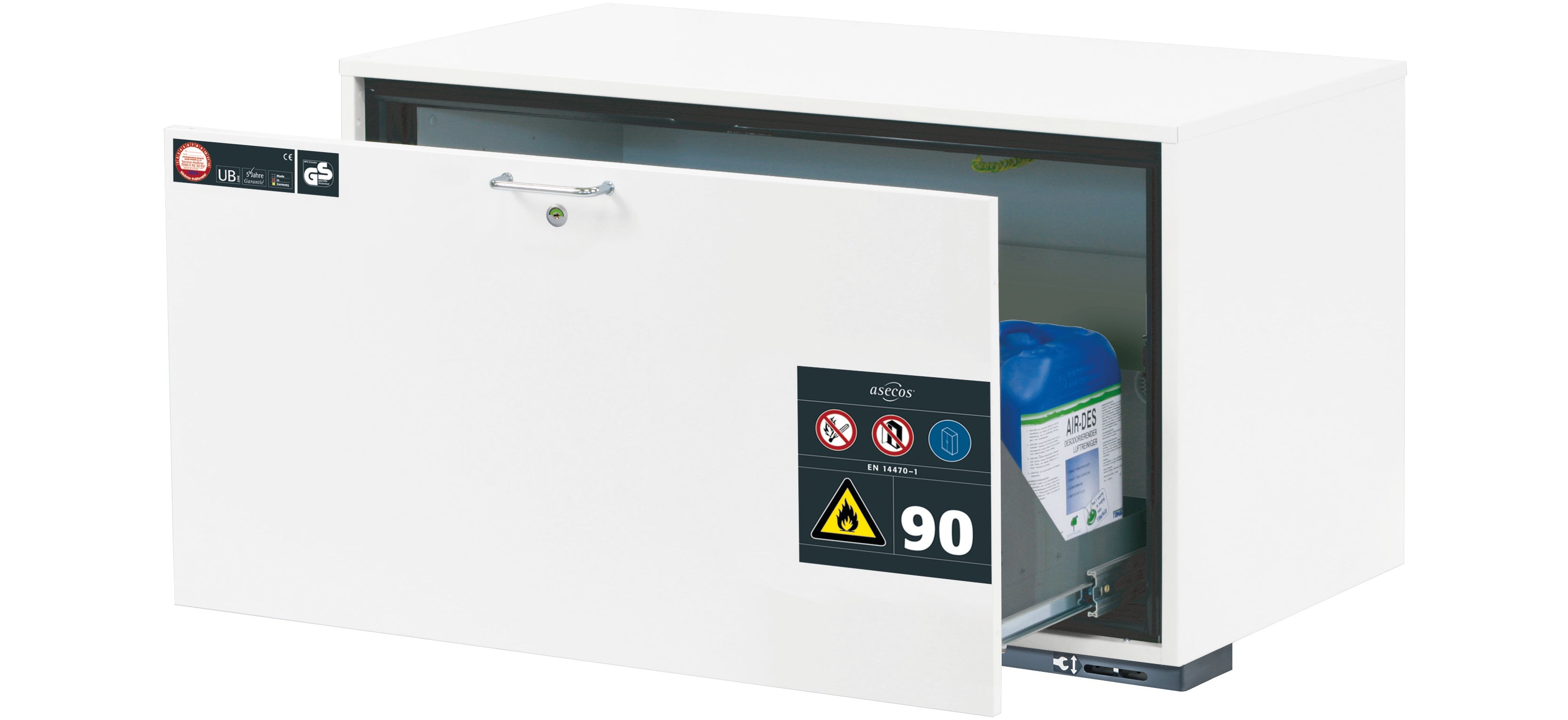 Typ 90 Sicherheitsunterbauschrank UB-S-90 Modell UB90.060.110.S in laborweiss (ähnl. RAL 9016) mit 1x Schubladenwanne STAWA-R (Edelstahl 1.4301)