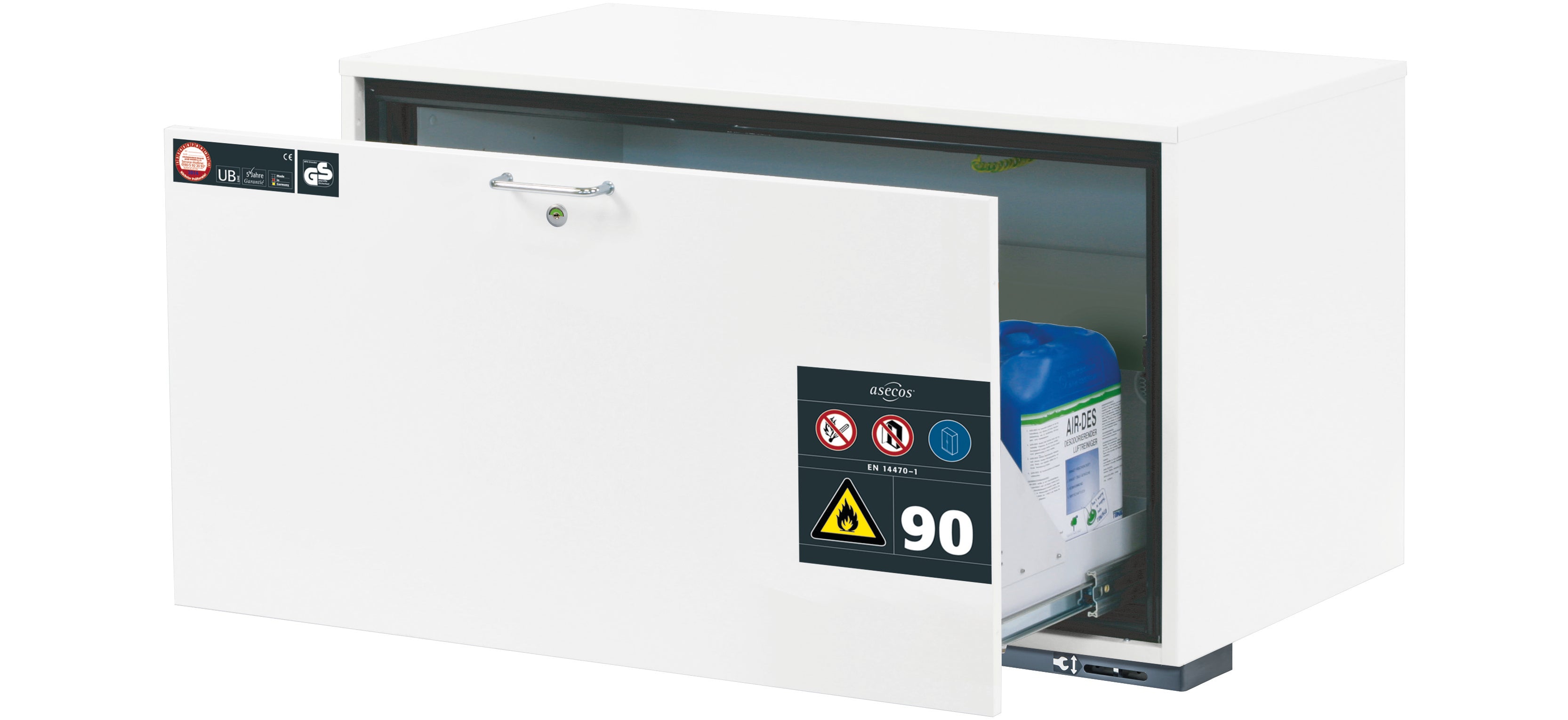 Type 90 safety base cabinet UB-S-90 model UB90.060.110.050.S in laboratory white (similar to RAL 9016) with 1x drawer tray STAWA-R (sheet steel)