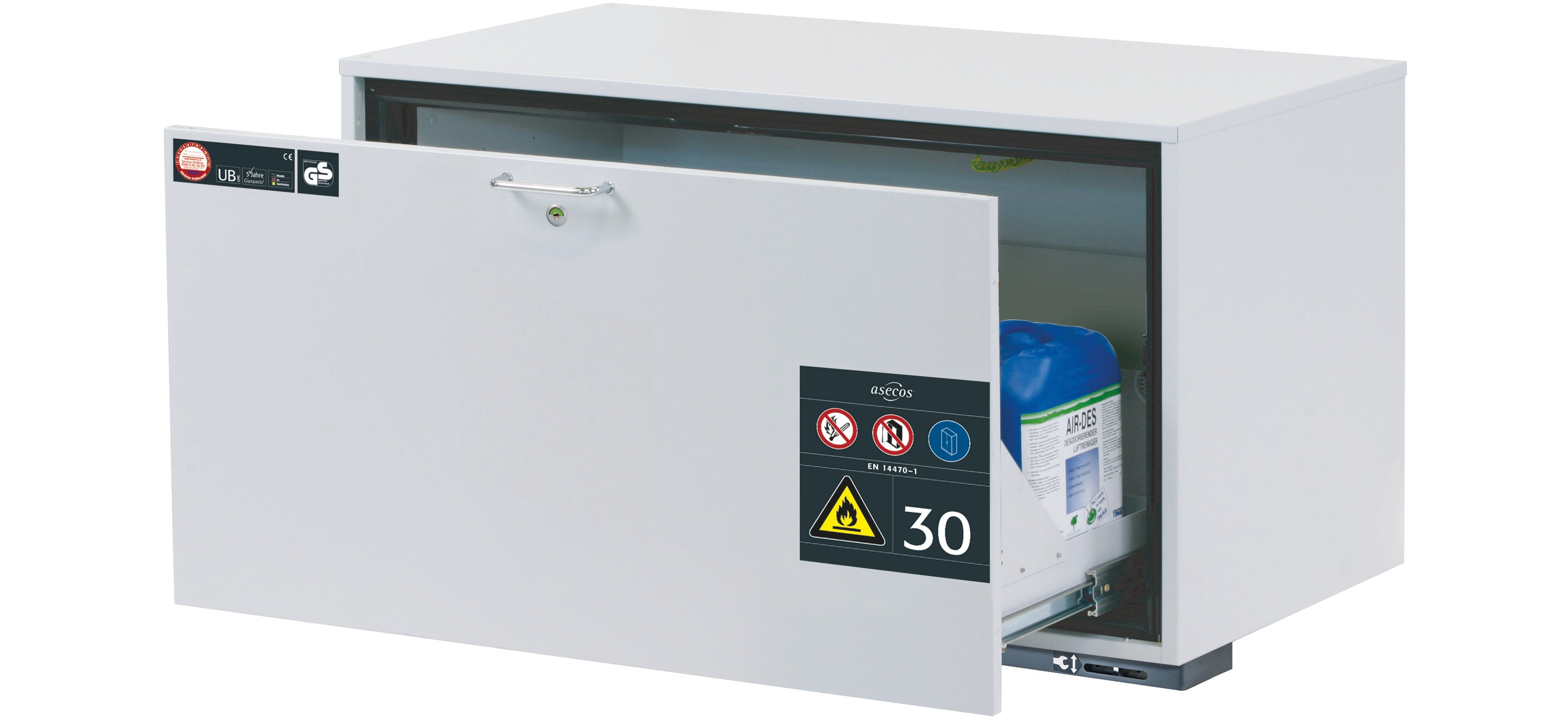 Type 30 safety base cabinet UB-S-30 model UB30.060.110.S in light gray RAL 7035 with 1x drawer tray STAWA-R (sheet steel)