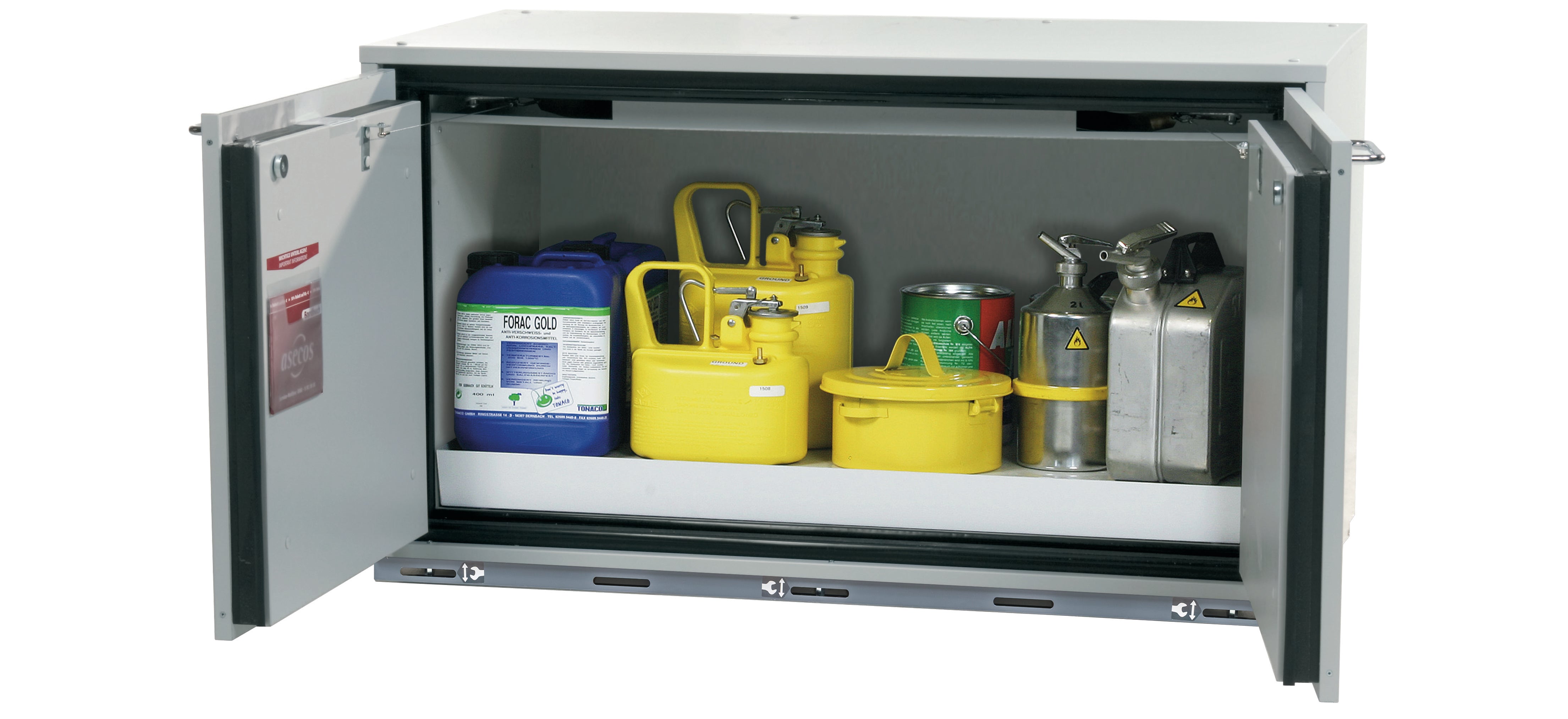 Typ 90 Sicherheitsunterbauschrank UB-T-90 Modell UB90.060.110.2T in lichtgrau RAL 7035 mit 1x Lochblecheinsatz Standard (Stahlblech)