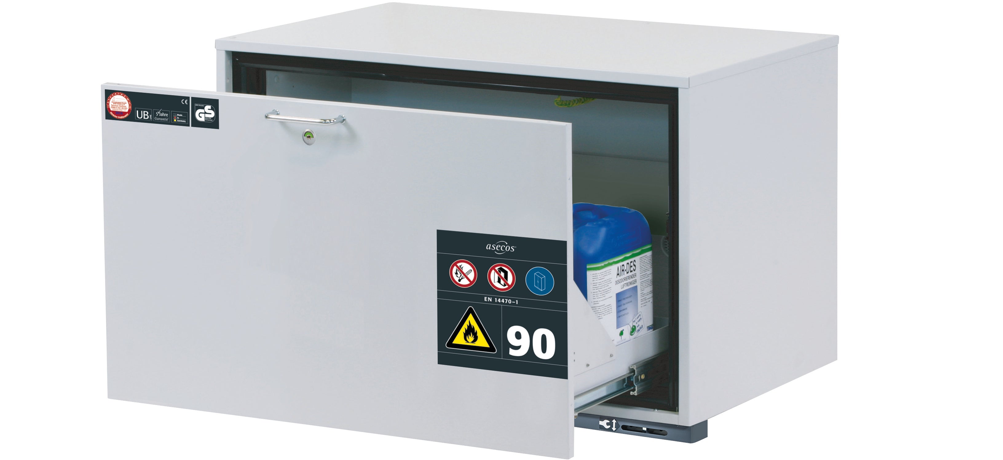 Type 90 safety base cabinet UB-S-90 model UB90.060.089.050.S in light gray RAL 7035 with 1x drawer tray STAWA-R (sheet steel)