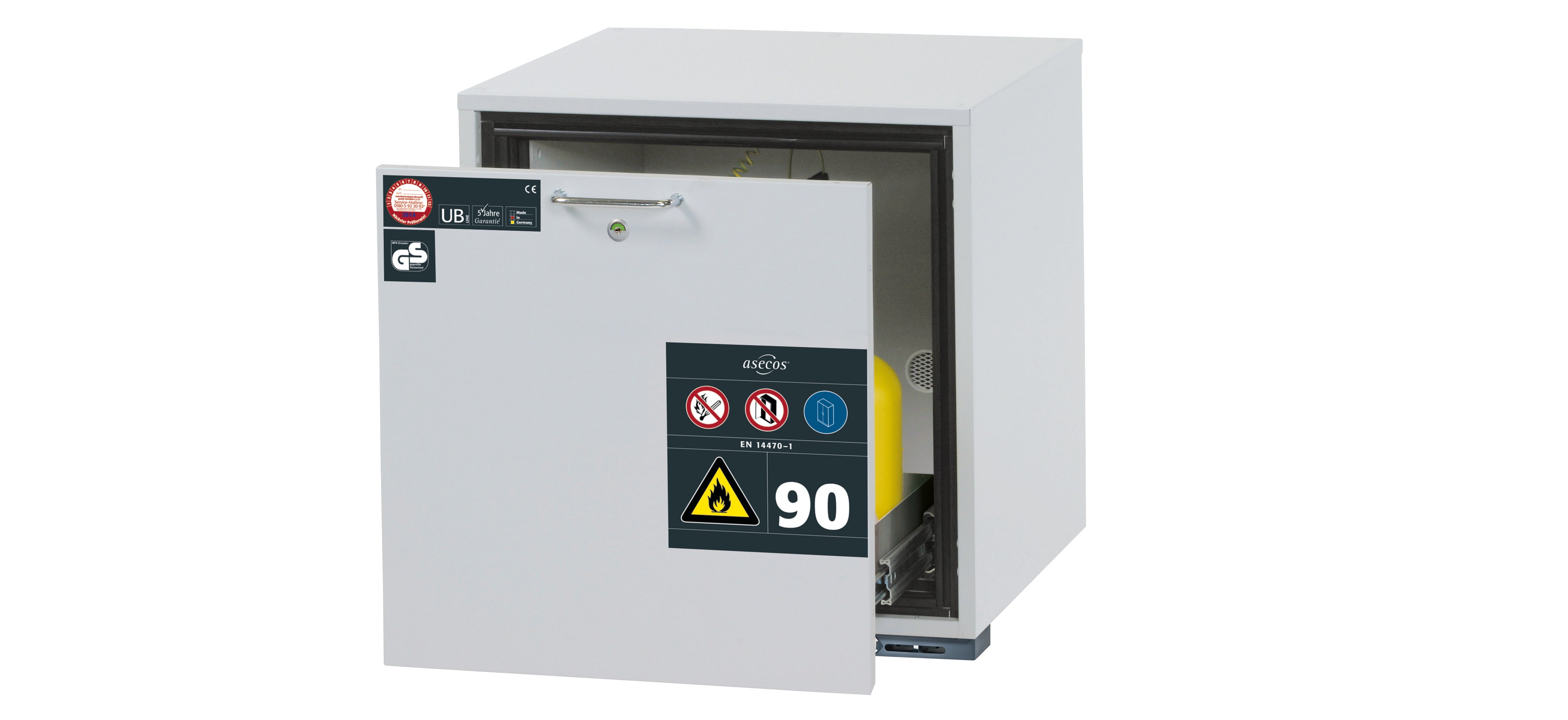 Type 90 safety base cabinet UB-S-90 model UB90.060.059.S in light gray RAL 7035 with 1x drawer tray STAWA-R (stainless steel 1.4301)