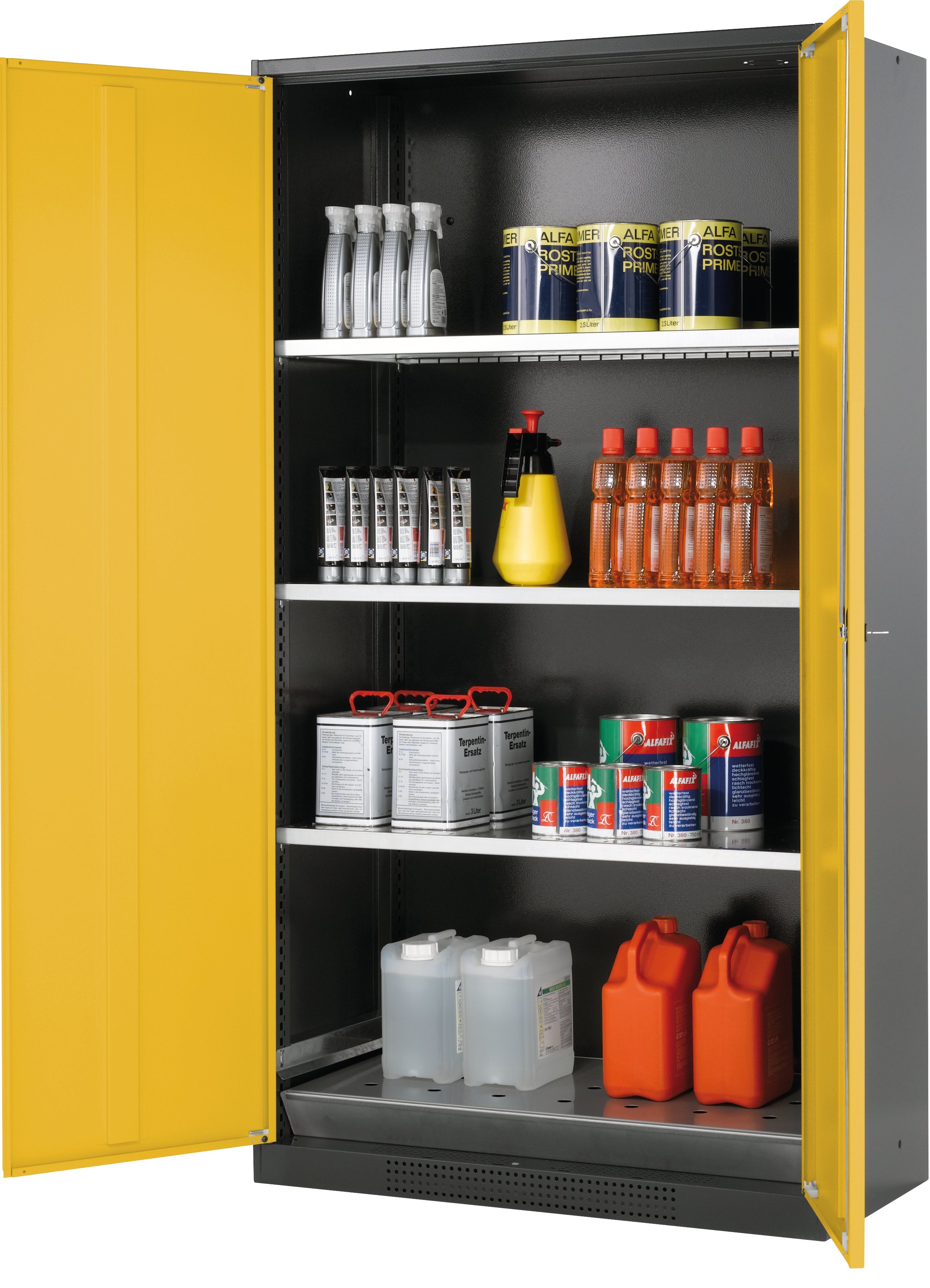 Armoire chimique CS-CLASSIC modèle CS.195.105 en jaune sécurité RAL 1004 avec 3x étagères standard (tôle d'acier)