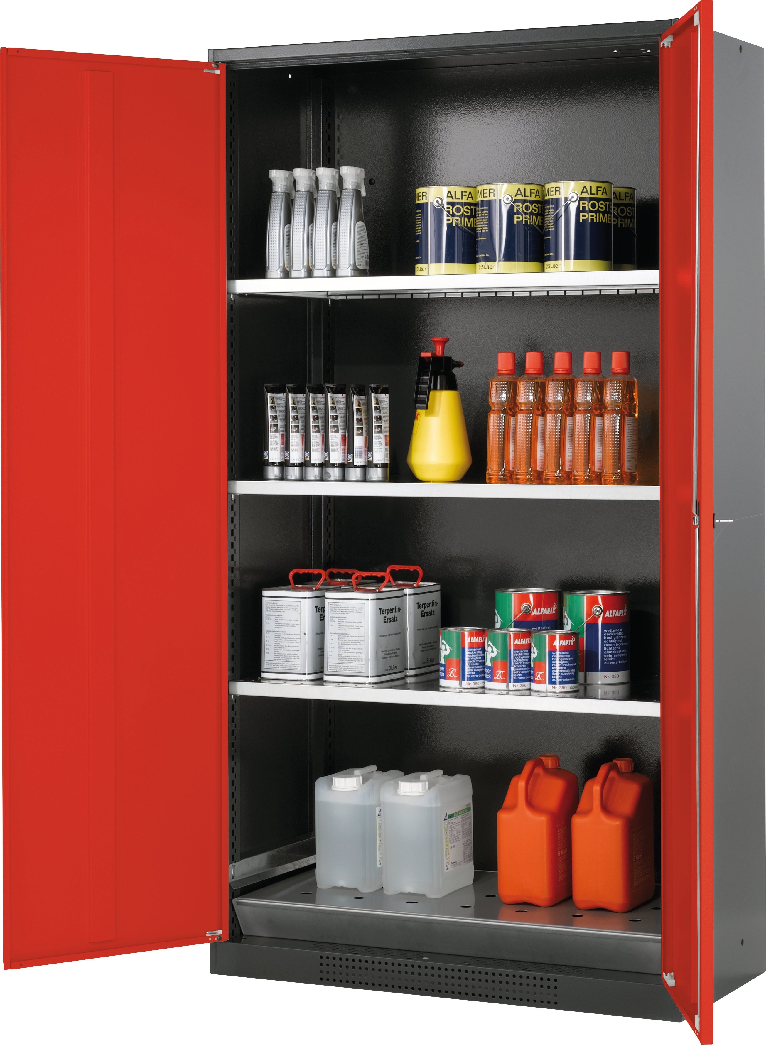 Chemikalienschrank CS-CLASSIC Modell CS.195.105 in verkehrsrot RAL 3020 mit 3x Fachboden Standard (Stahlblech)