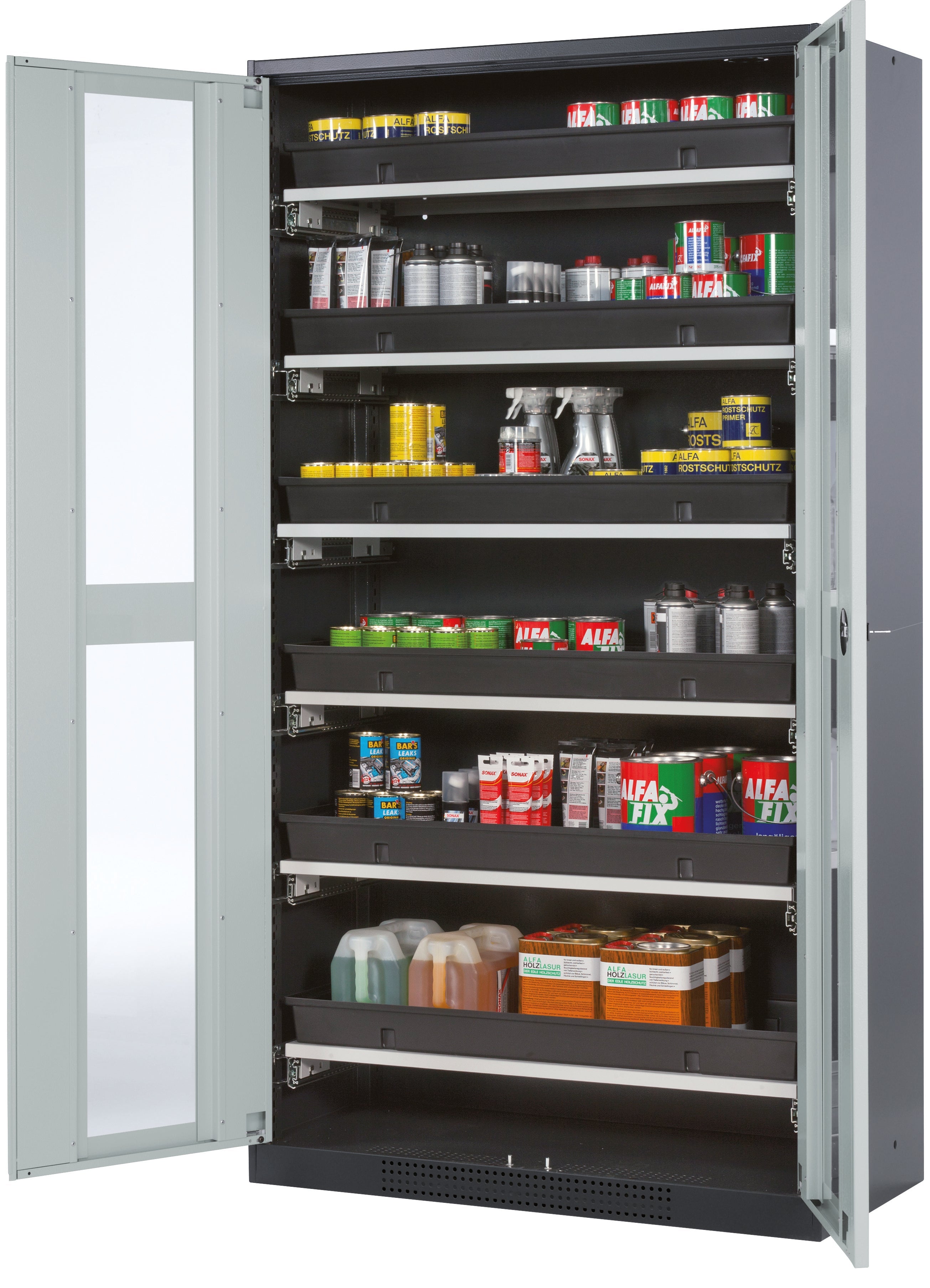 Chemikalienschrank CS-CLASSIC-G Modell CS.195.105.WDFW in lichtgrau RAL 7035 mit 6x Tablarauszug AbZ (Stahlblech/Polypropylen)