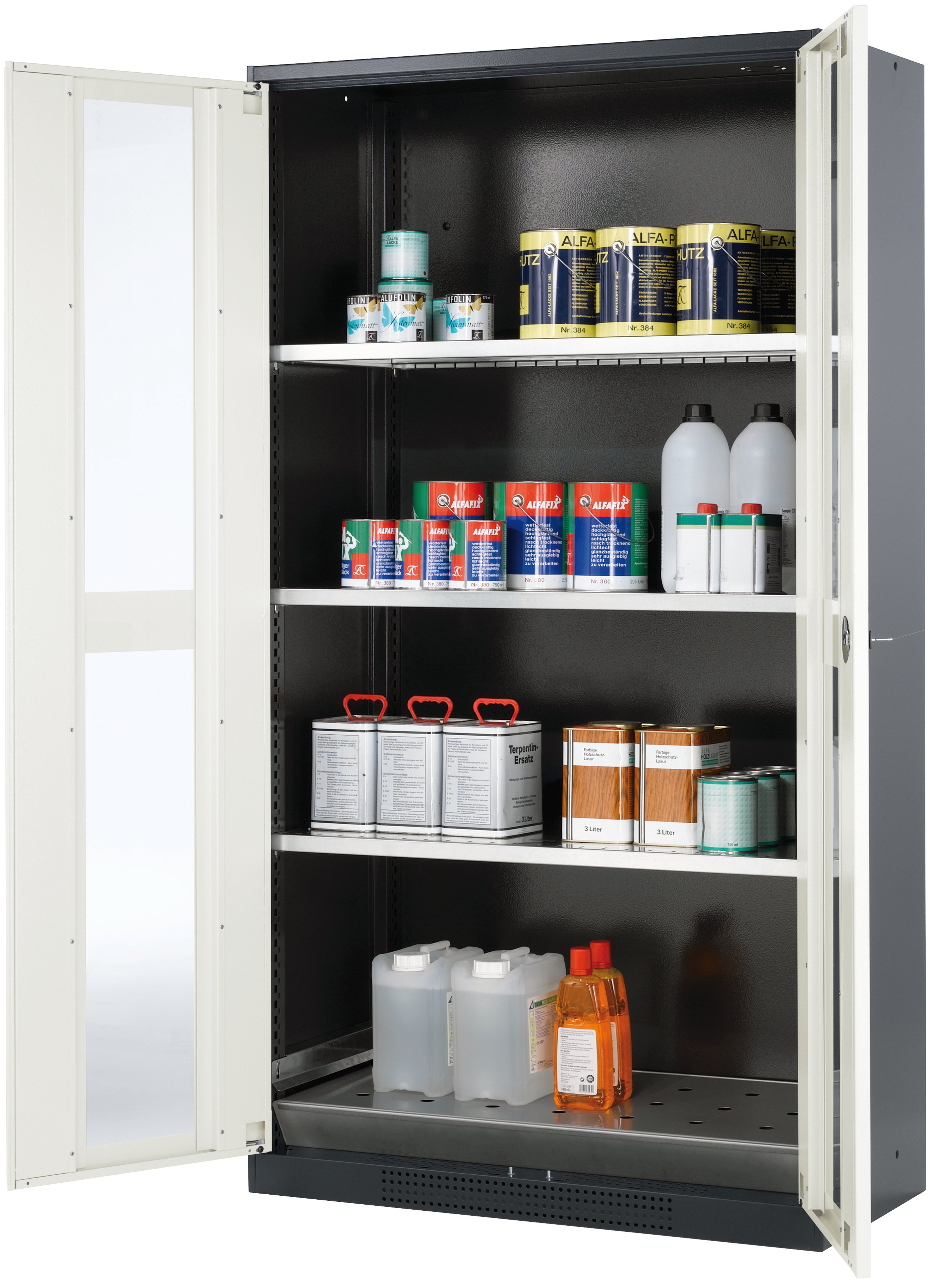 Chemikalienschrank CS-CLASSIC-G Modell CS.195.105.WDFW in reinweiss RAL 9010 mit 3x Fachboden Standard (Stahlblech)
