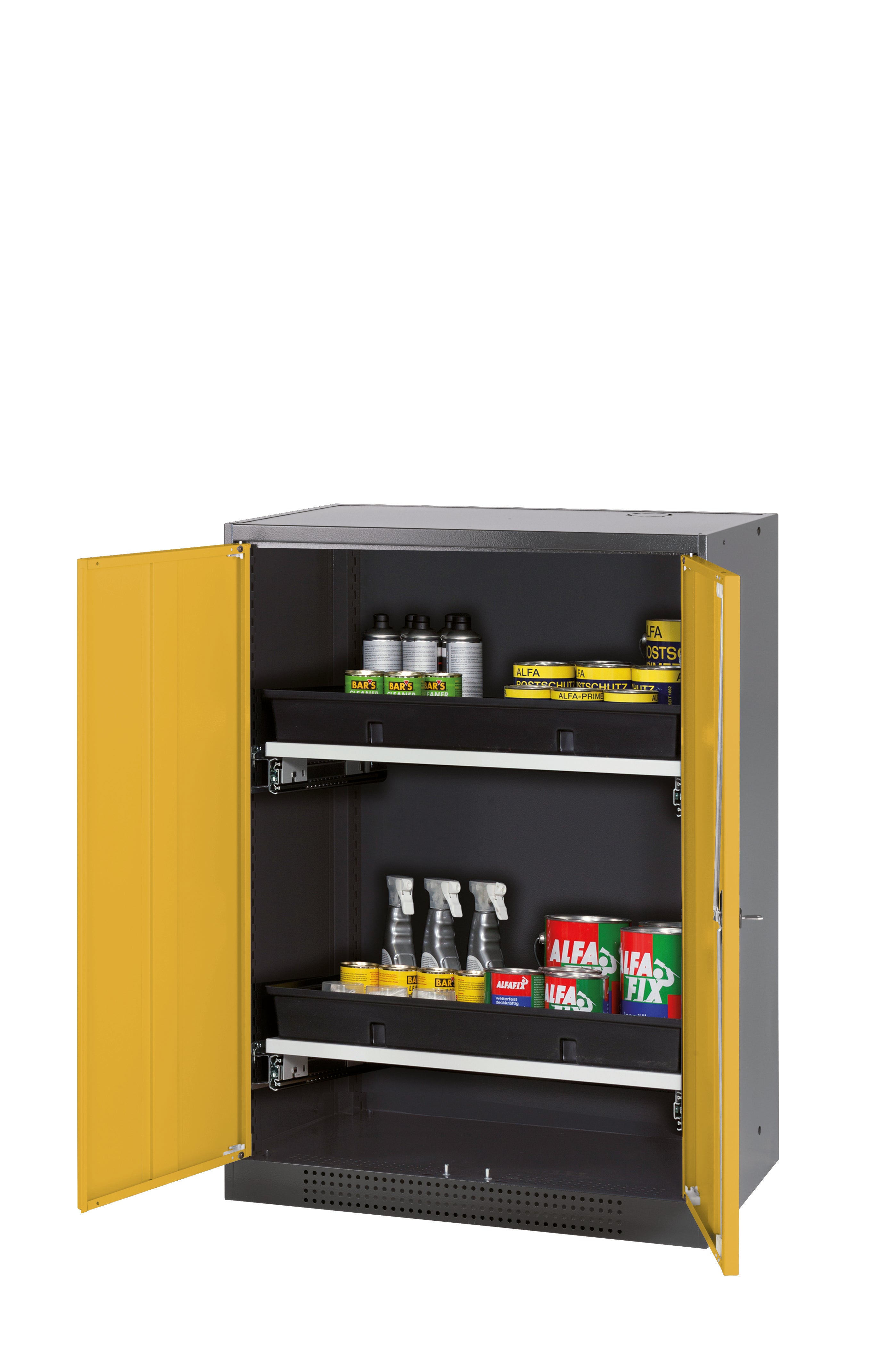 Armoire chimique CS-CLASSIC modèle CS.110.081 en jaune sécurité RAL 1004 avec 2 étagères coulissantes AbZ (tôle d'acier/polypropylène)