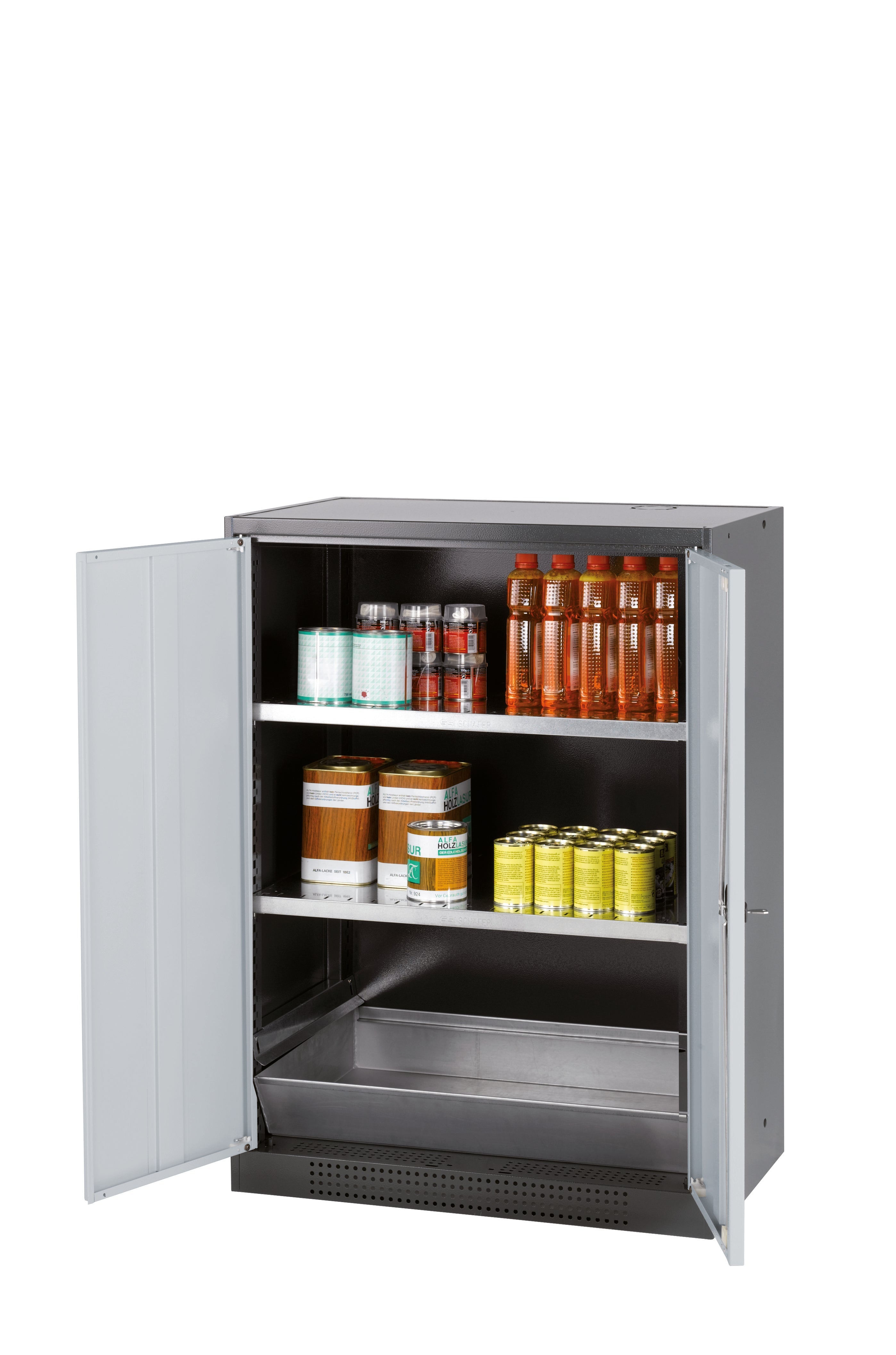 Chemical cabinet CS-CLASSIC model CS.110.081 in light gray RAL 7035 with 2x standard shelves (sheet steel)