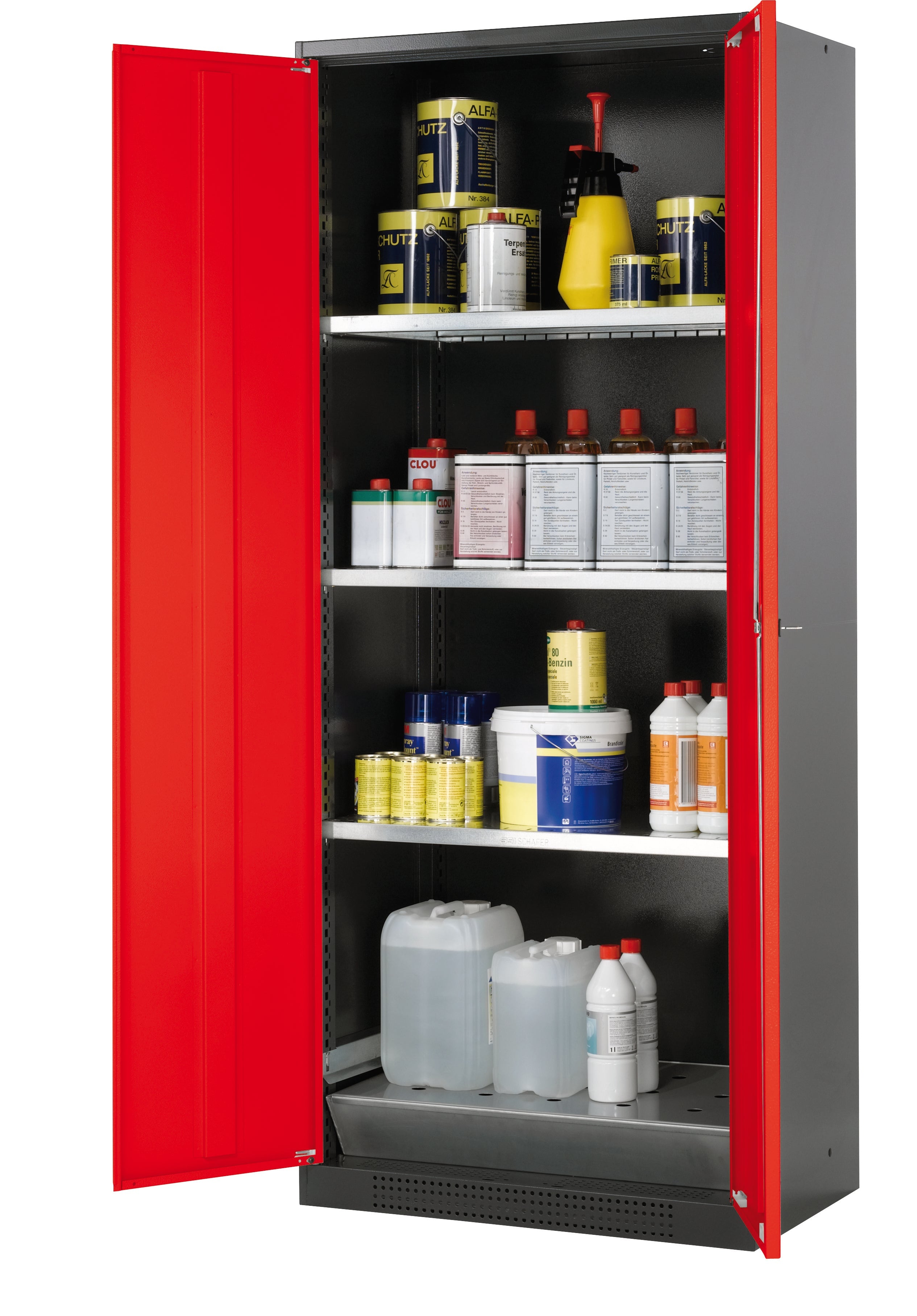 Chemical cabinet CS-CLASSIC model CS.195.081 in traffic red RAL 3020 with 3x standard shelves (sheet steel)
