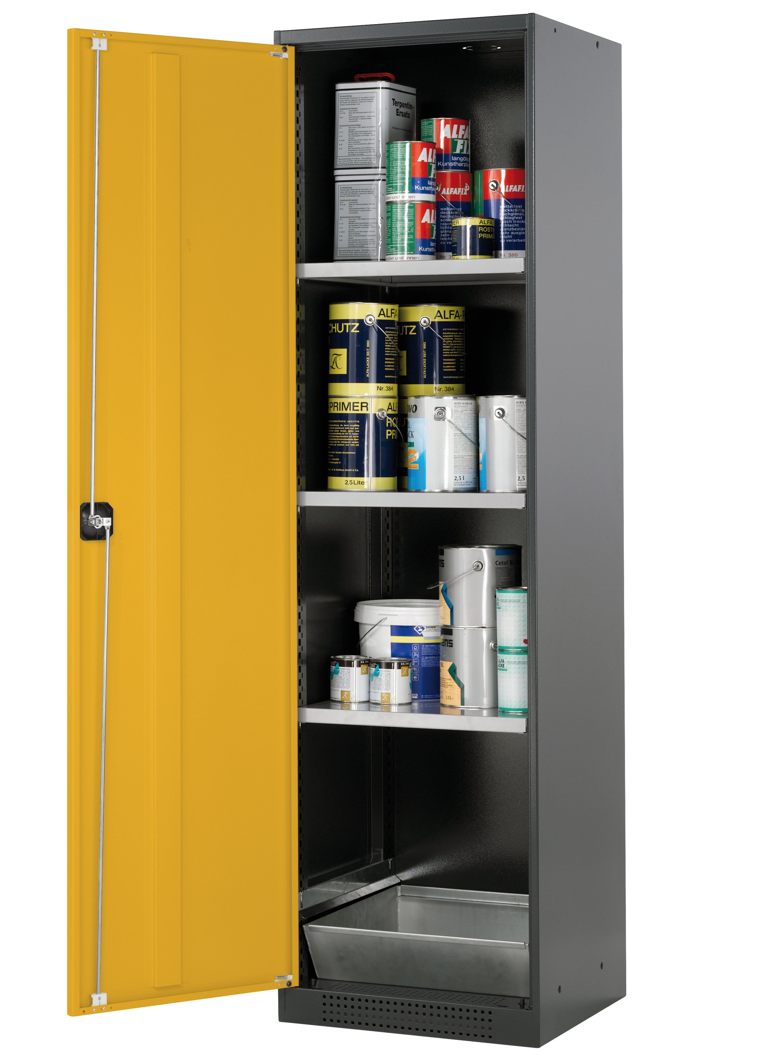 Chemikalienschrank CS-CLASSIC Modell CS.195.054 in sicherheitsgelb RAL 1004 mit 3x Fachboden Standard (Stahlblech)