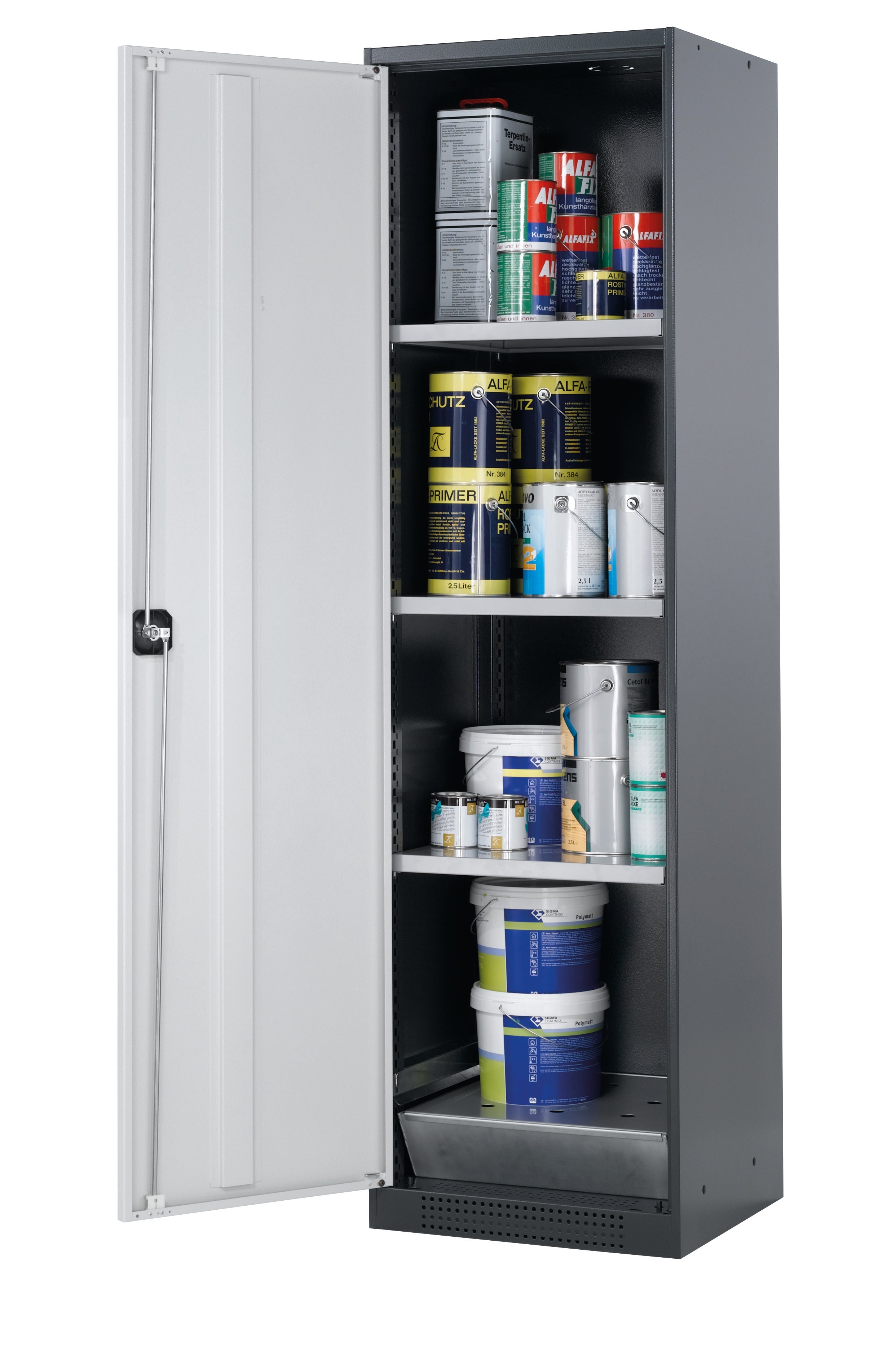 Chemikalienschrank CS-CLASSIC Modell CS.195.054 in lichtgrau RAL 7035 mit 3x Fachboden Standard (Stahlblech)