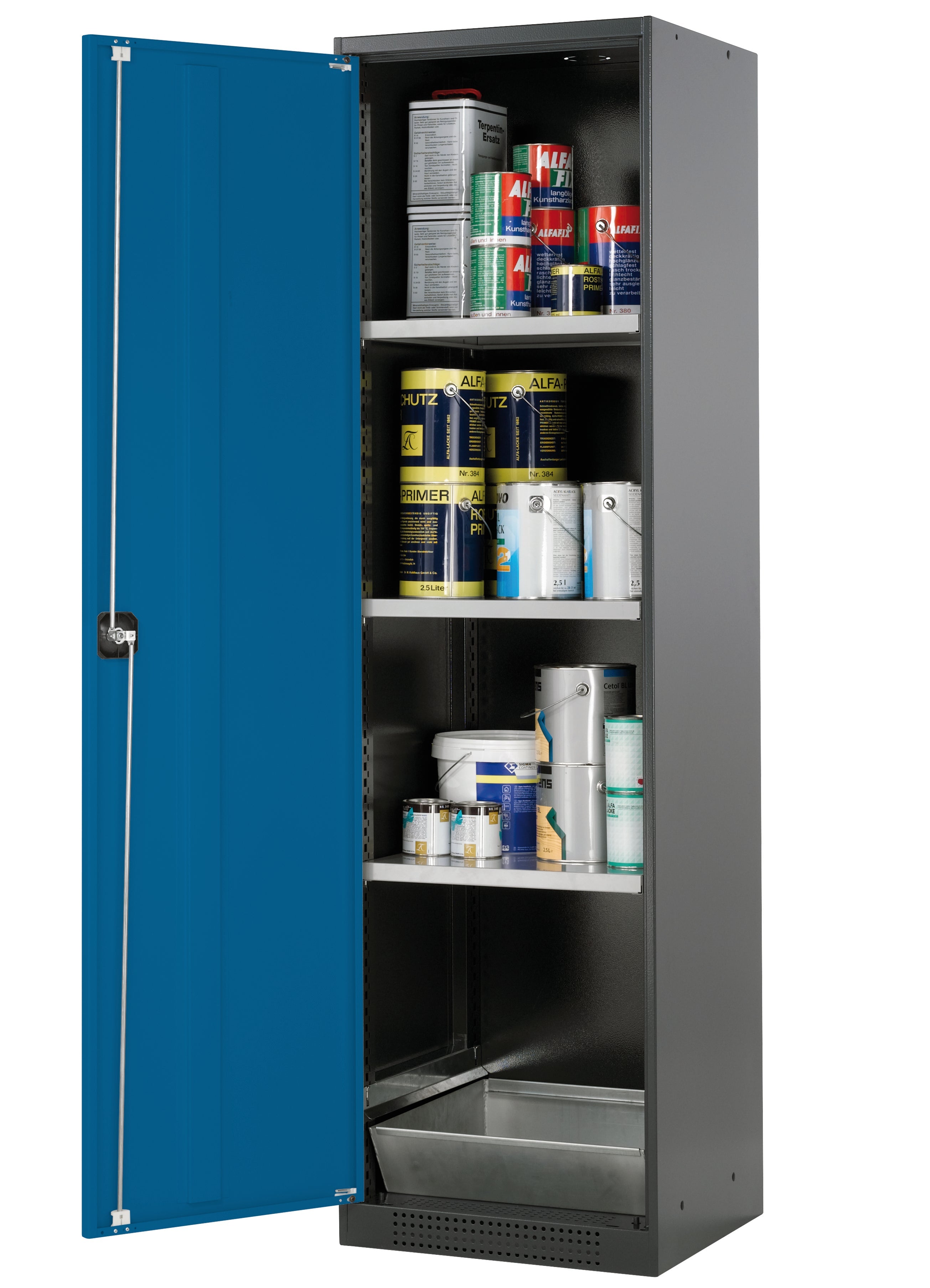 Chemikalienschrank CS-CLASSIC Modell CS.195.054 in enzianblau RAL 5010 mit 3x Fachboden Standard (Stahlblech)