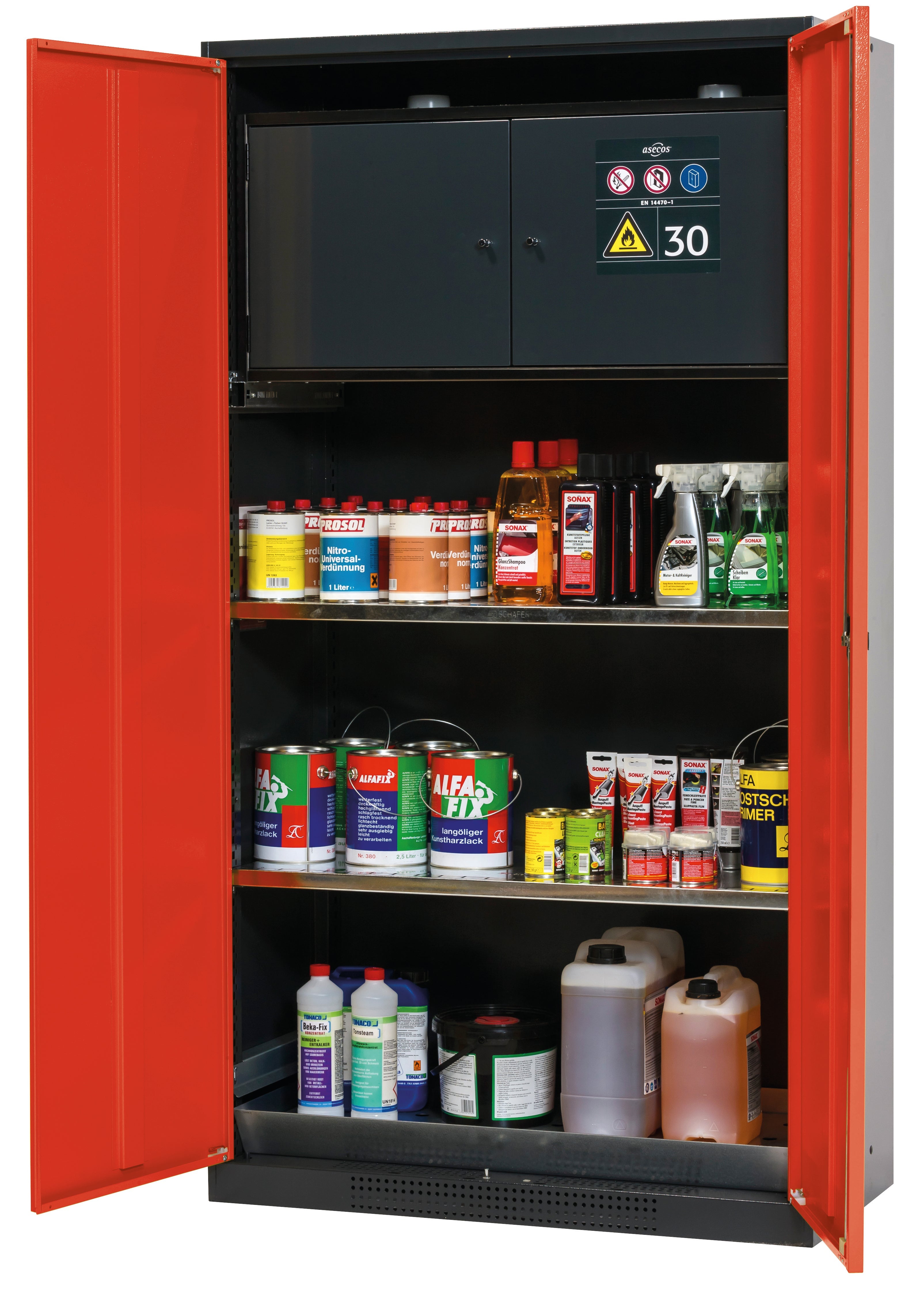 Chemical cabinet with type 30 safety box CS-CLASSIC-F model CS.195.105.F in traffic red RAL 3020 with 2x standard shelves (sheet steel)