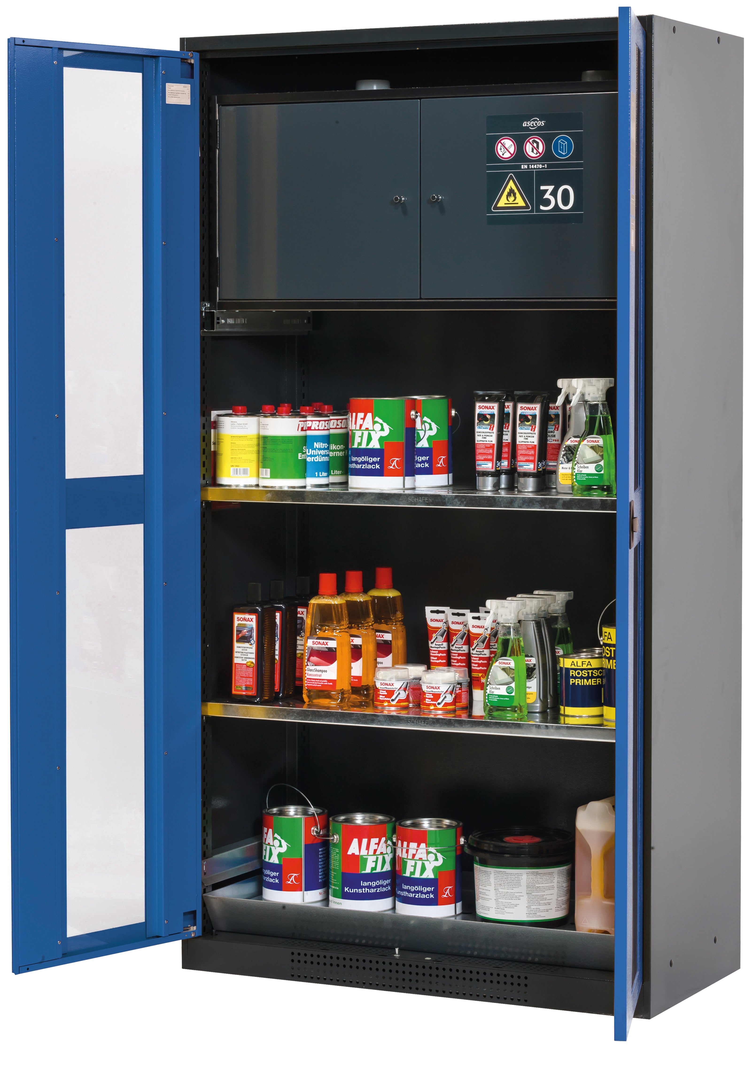 Chemical cabinet with type 30 safety box CS-CLASSIC-GF model CS.195.105.F.WDFW in gentian blue RAL 5010 with 2x standard shelves (sheet steel)