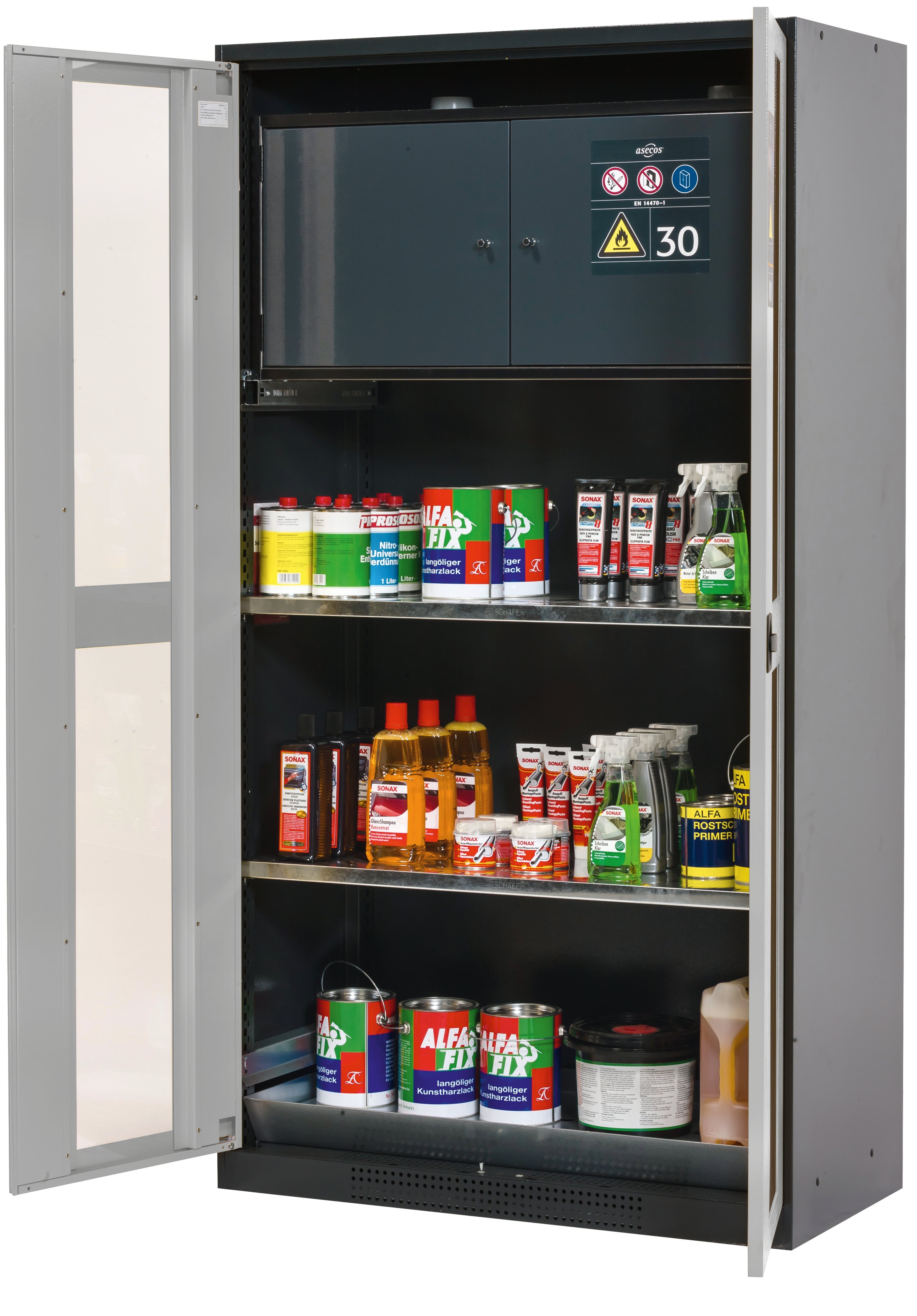 Chemical cabinet with type 30 safety box CS-CLASSIC-GF model CS.195.105.F.WDFW in asecos silver with 2x standard shelves (sheet steel)