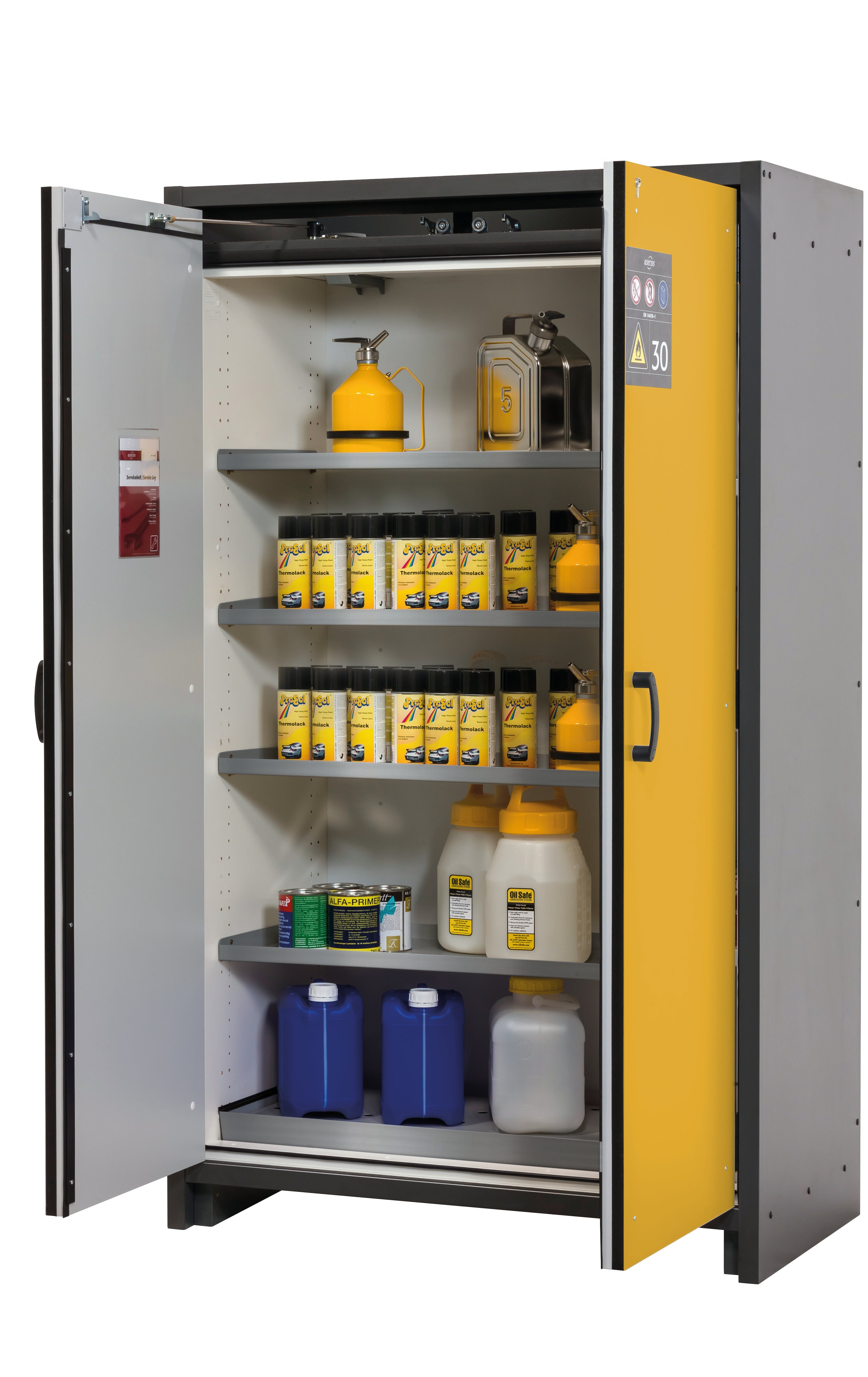 Armoire de sécurité type 30 Q-CLASSIC-30 modèle Q30.195.116 en jaune sécurité RAL 1004 avec 4x étagères standard (acier inoxydable 1.4301)