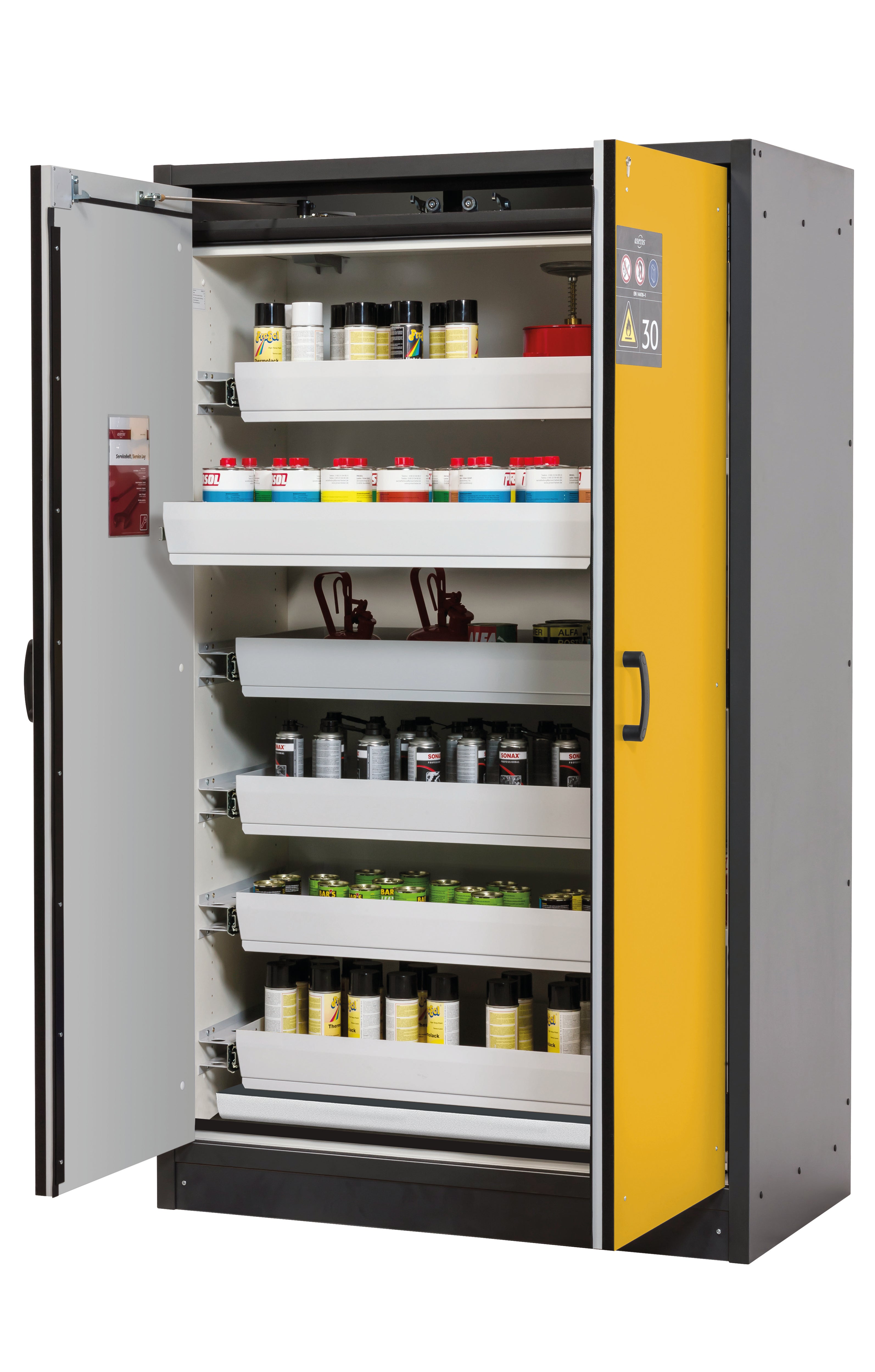 Armoire de sécurité type 30 Q-CLASSIC-30 modèle Q30.195.116 en jaune de sécurité RAL 1004 avec 6 plateaux coulissants standard (tôle d'acier)