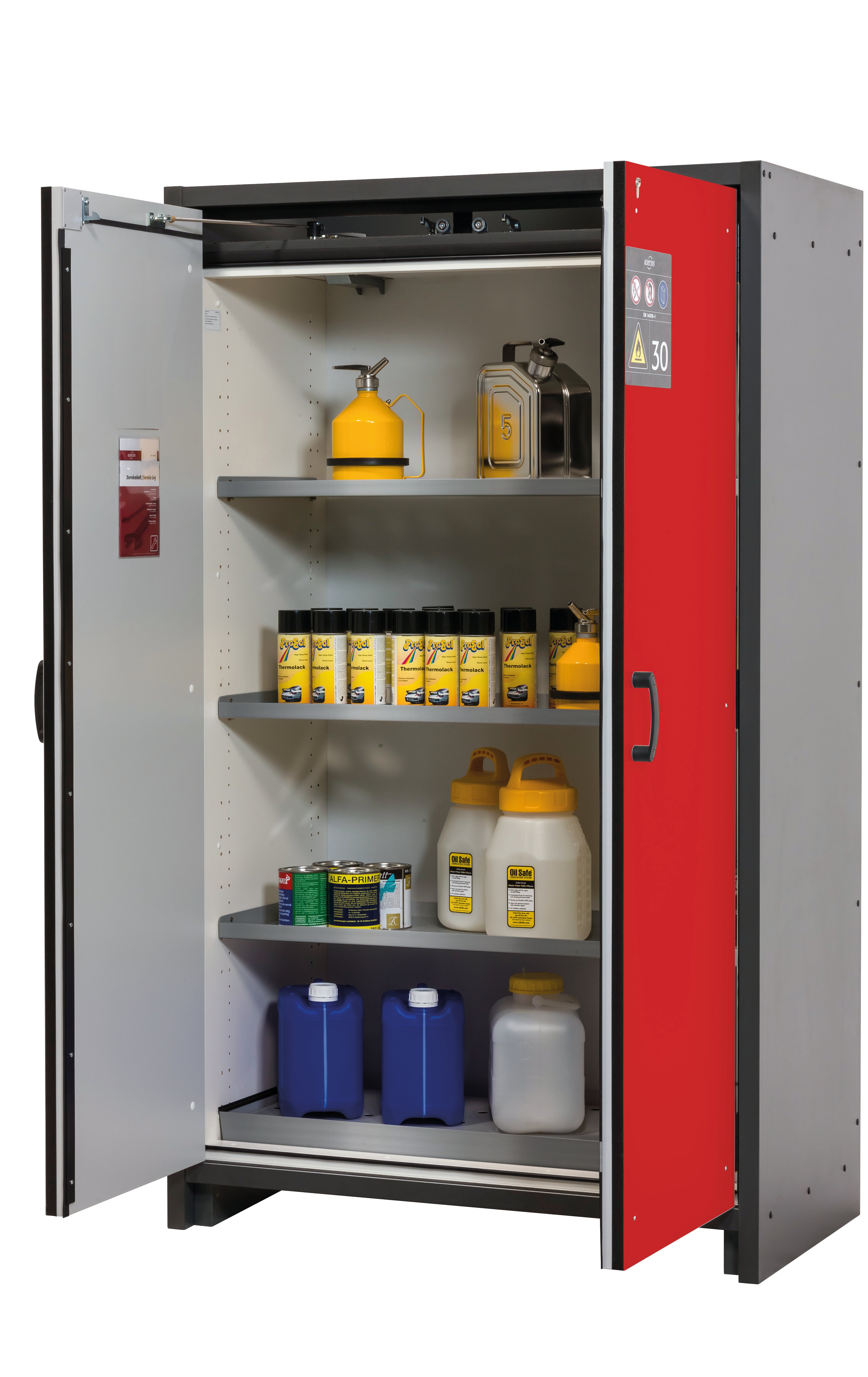 Armoire de sécurité type 30 Q-CLASSIC-30 modèle Q30.195.116 en rouge signalisation RAL 3020 avec 3 étagères standard (acier inoxydable 1.4301)