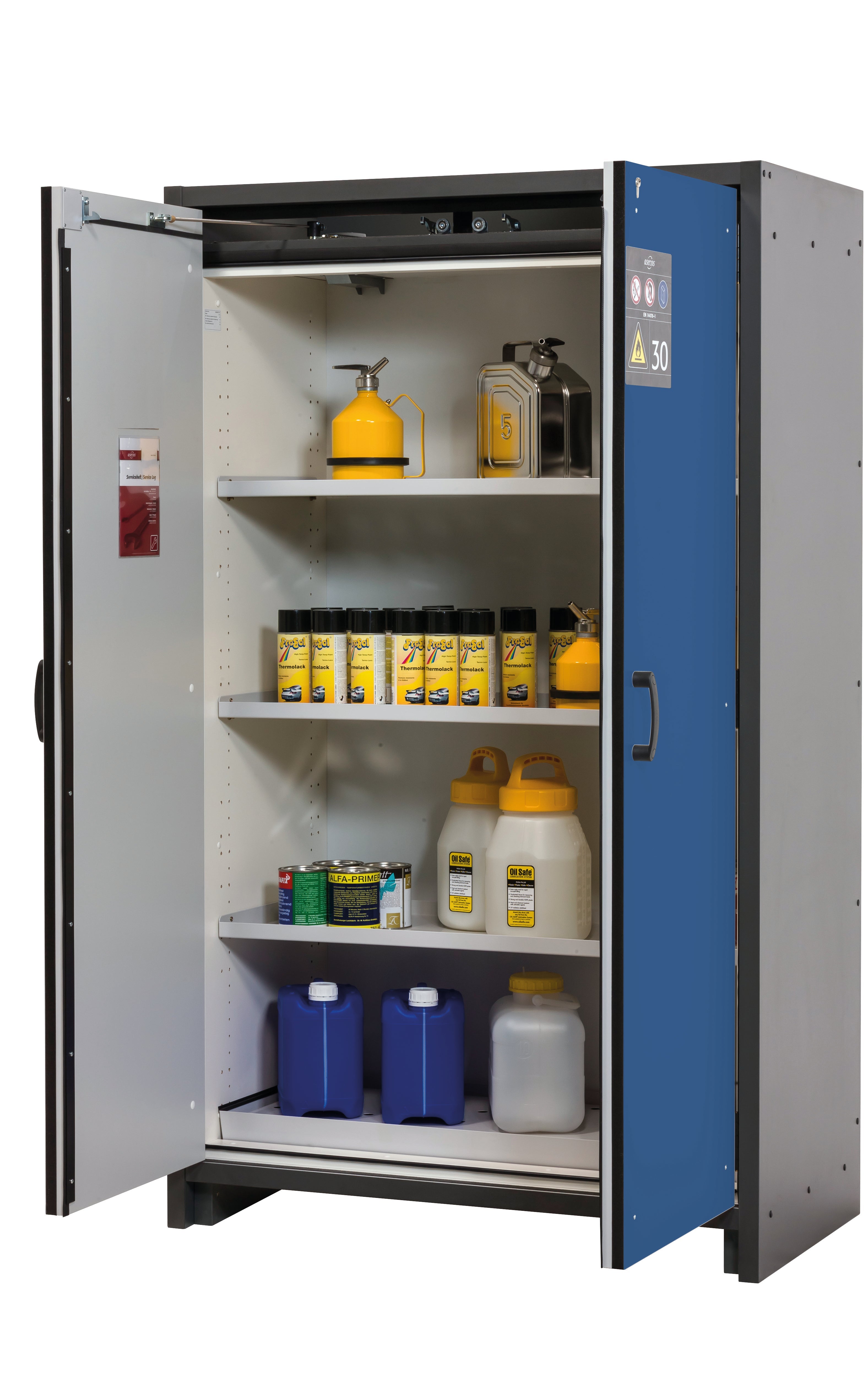 Typ 30 Sicherheitsschrank Q-CLASSIC-30 Modell Q30.195.116 in enzianblau RAL 5010 mit 3x Fachboden Standard (Stahlblech)