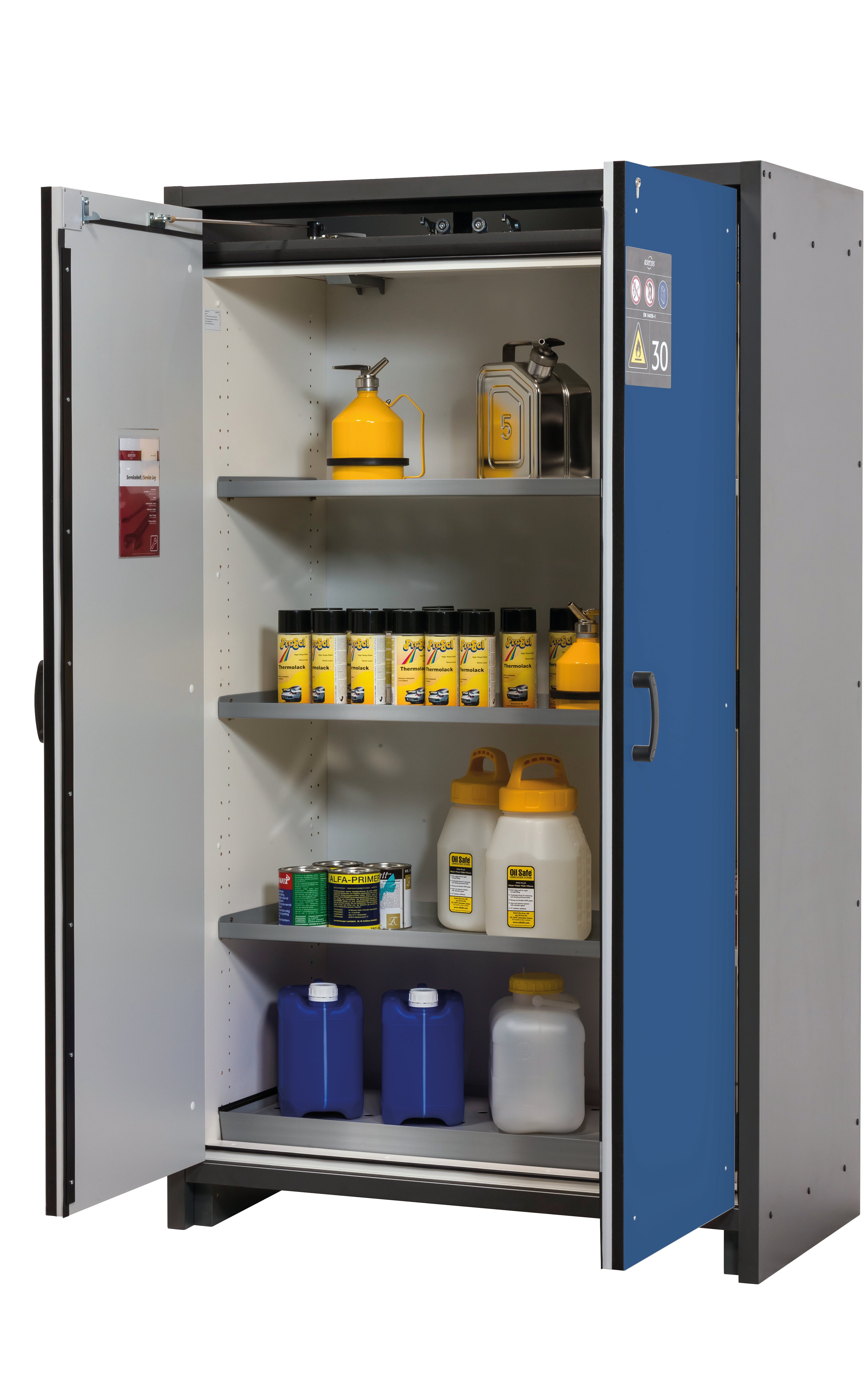 Typ 30 Sicherheitsschrank Q-CLASSIC-30 Modell Q30.195.116 in enzianblau RAL 5010 mit 3x Fachboden Standard (Edelstahl 1.4301)