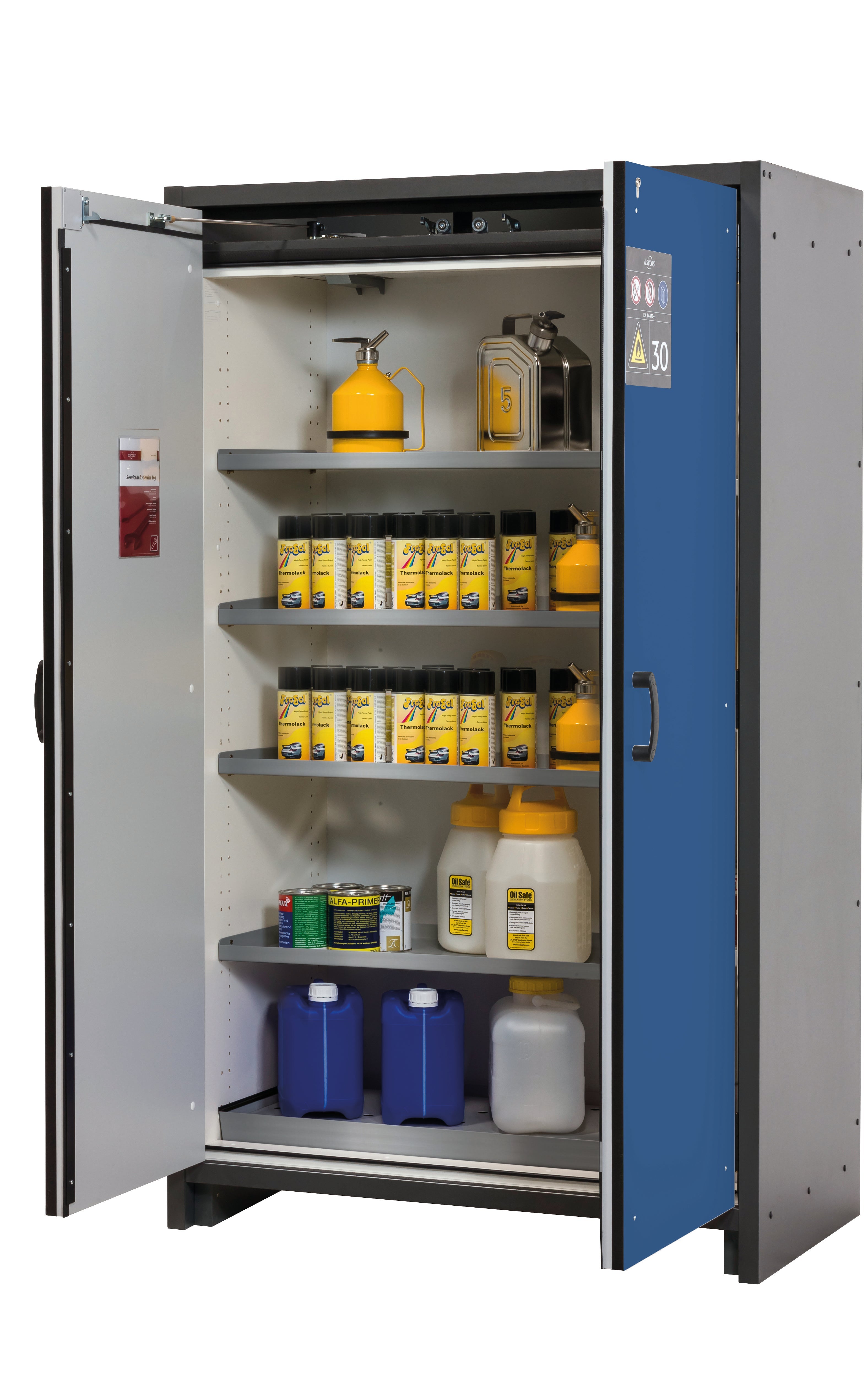 Armoire de sécurité type 30 Q-CLASSIC-30 modèle Q30.195.116 en bleu gentiane RAL 5010 avec 4x étagères standard (acier inoxydable 1.4301)