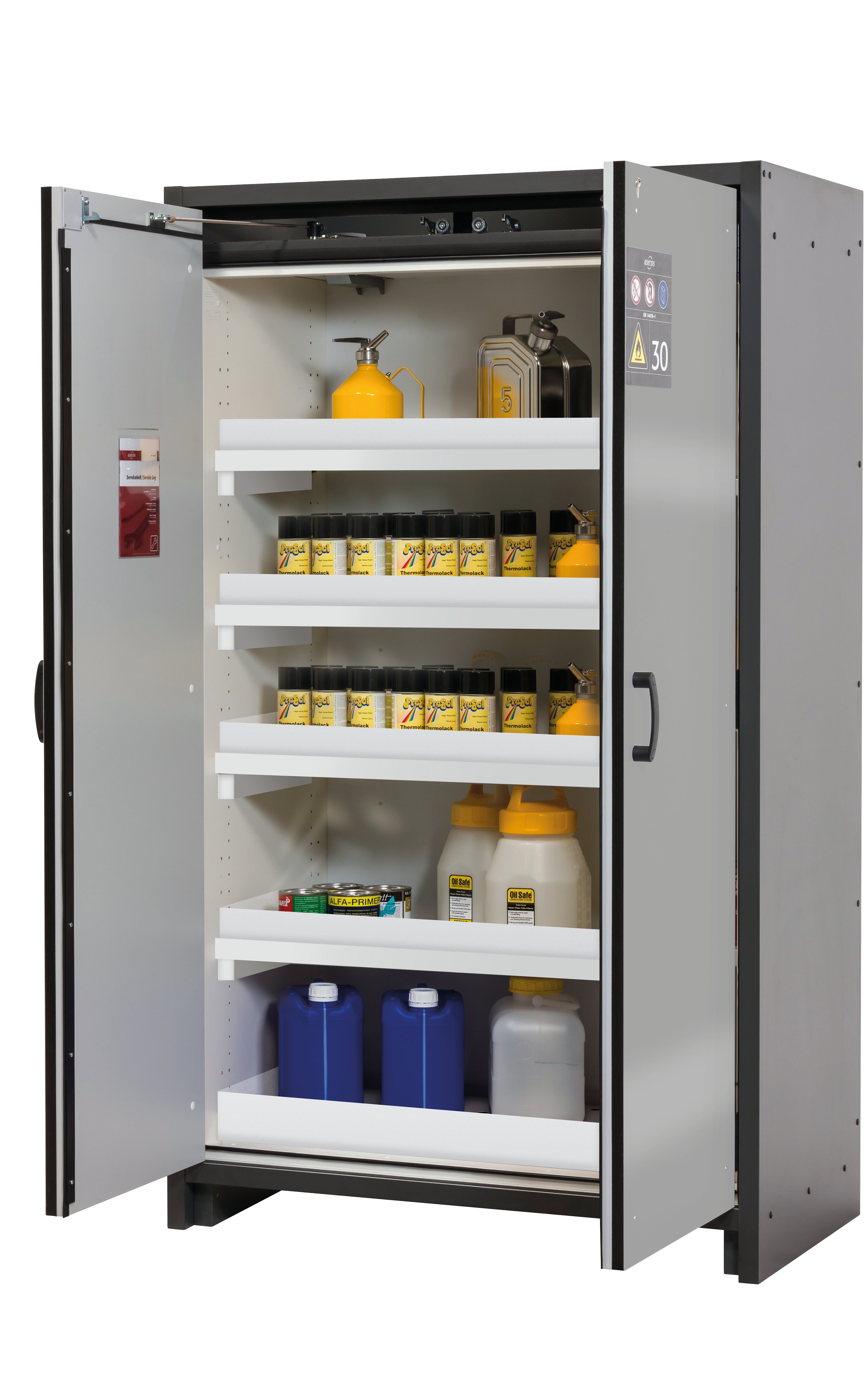 Typ 30 Sicherheitsschrank Q-CLASSIC-30 Modell Q30.195.116 in asecos Silber mit 4x Wannenboden Standard (Polypropylen)