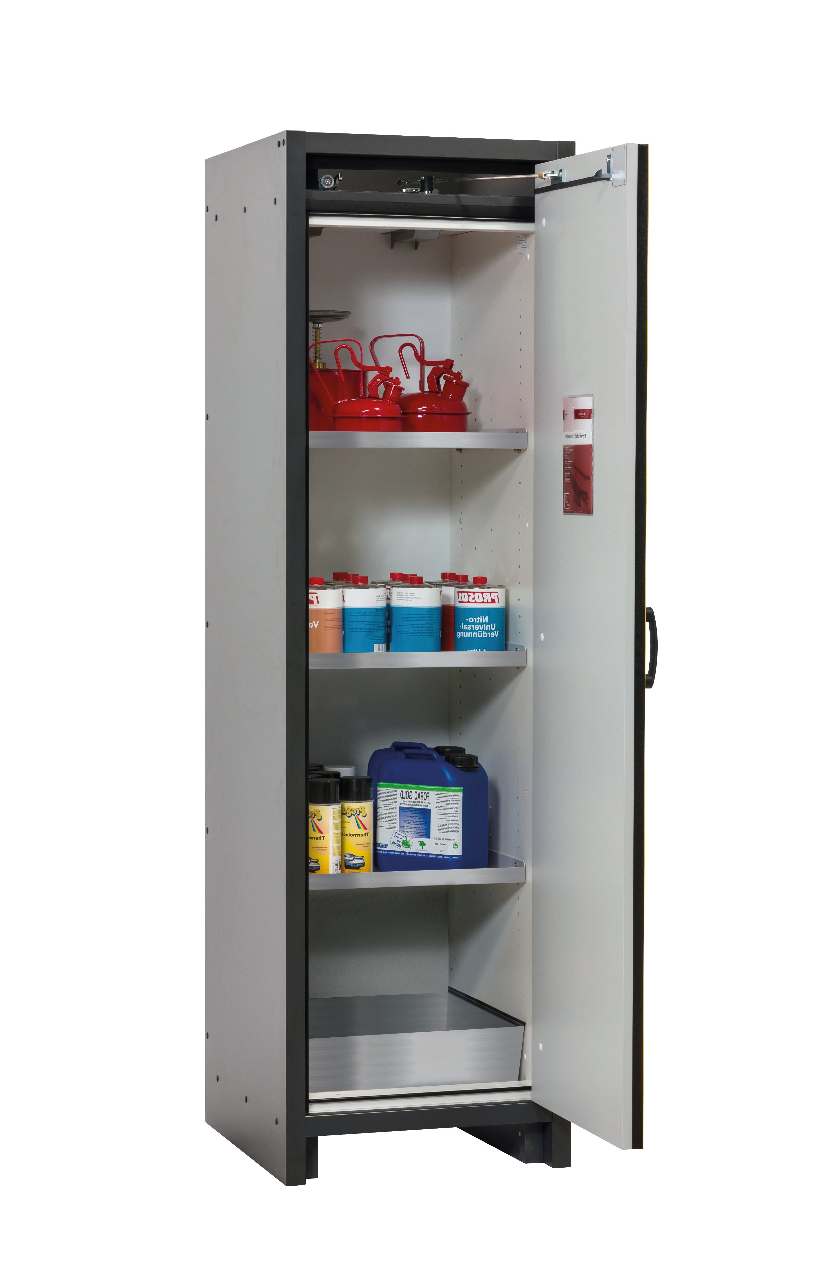 Type 30 safety cabinet Q-CLASSIC-30 model Q30.195.056.R in safety yellow RAL 1004 with 3x standard shelves (stainless steel 1.4301)