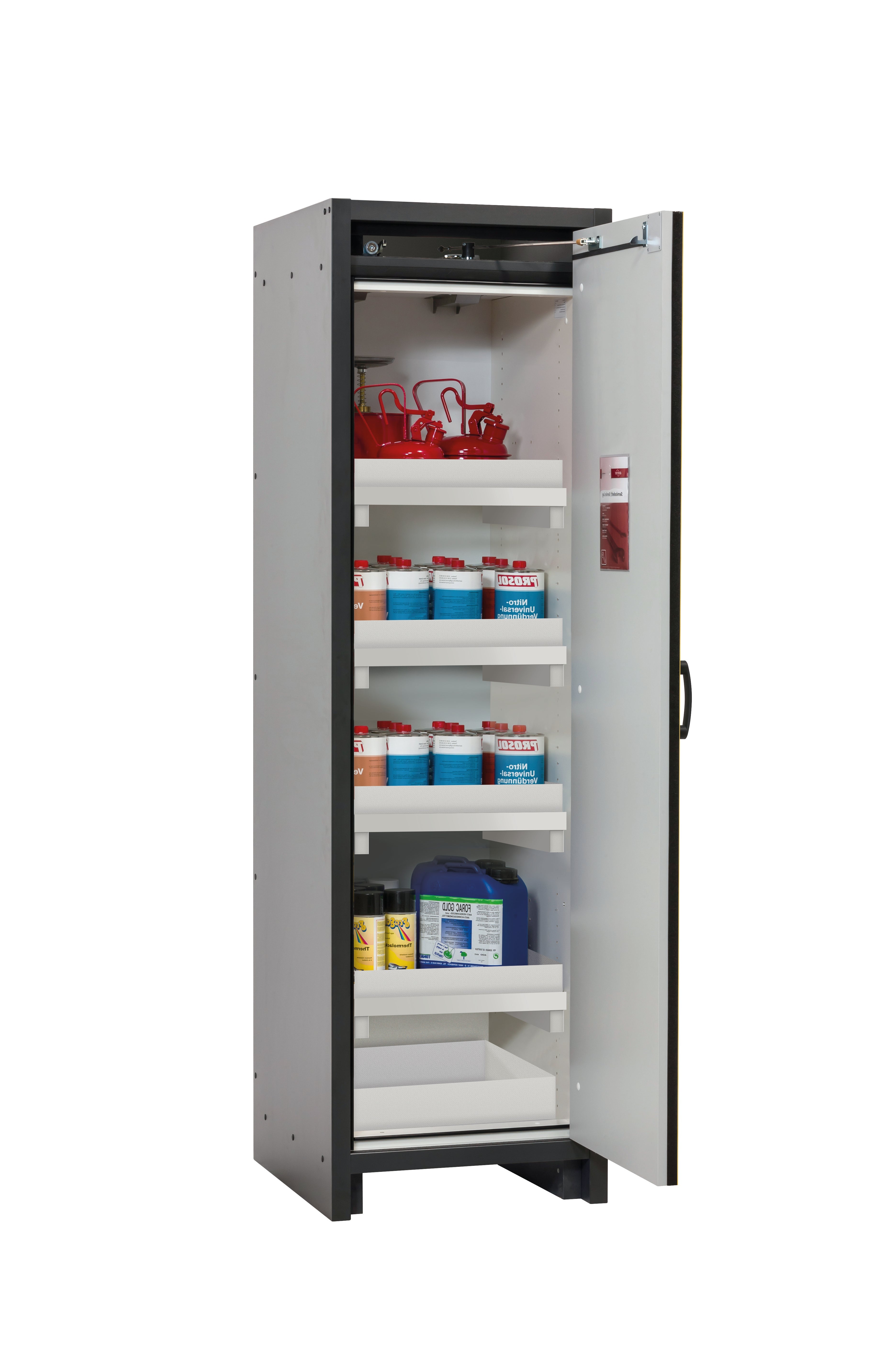 Type 30 safety cabinet Q-CLASSIC-30 model Q30.195.056.R in safety yellow RAL 1004 with 4x standard tray base (polypropylene)
