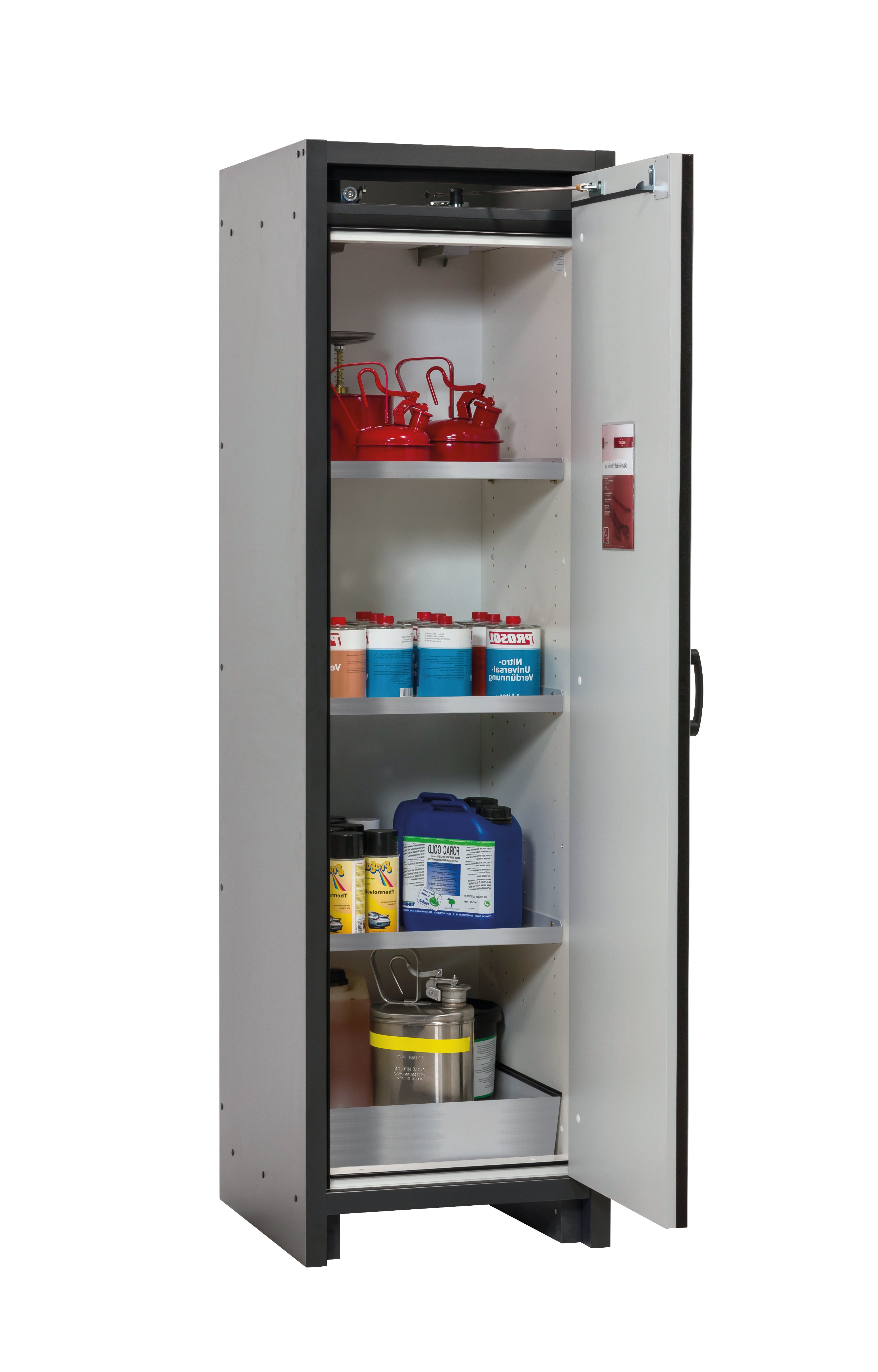 Type 30 safety cabinet Q-CLASSIC-30 model Q30.195.056.R in light gray RAL 7035 with 3x standard shelves (stainless steel 1.4301)