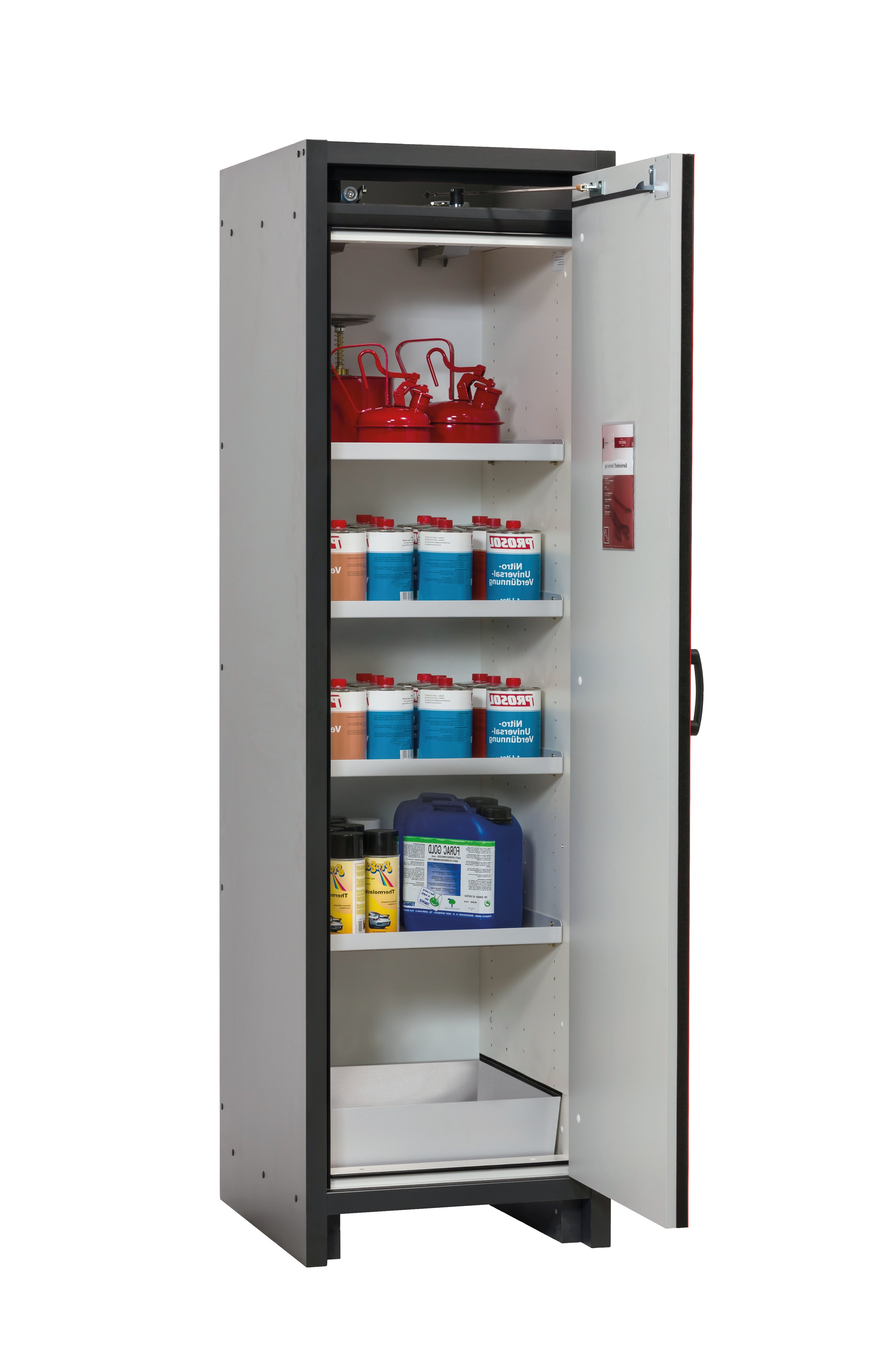 Type 30 safety cabinet Q-CLASSIC-30 model Q30.195.056.R in traffic red RAL 3020 with 4x standard shelves (sheet steel)