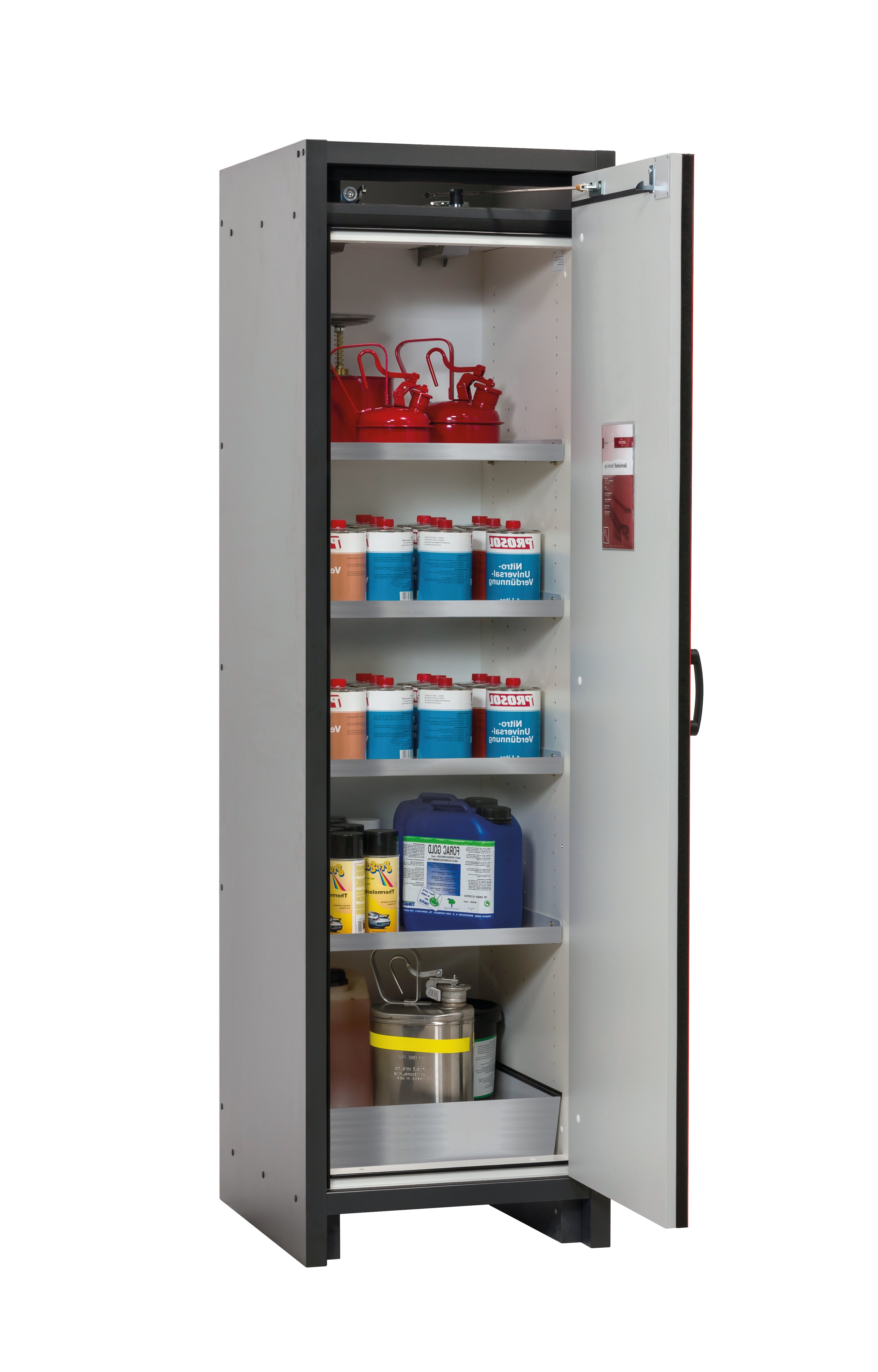 Type 30 safety cabinet Q-CLASSIC-30 model Q30.195.056.R in traffic red RAL 3020 with 4x standard shelves (stainless steel 1.4301)