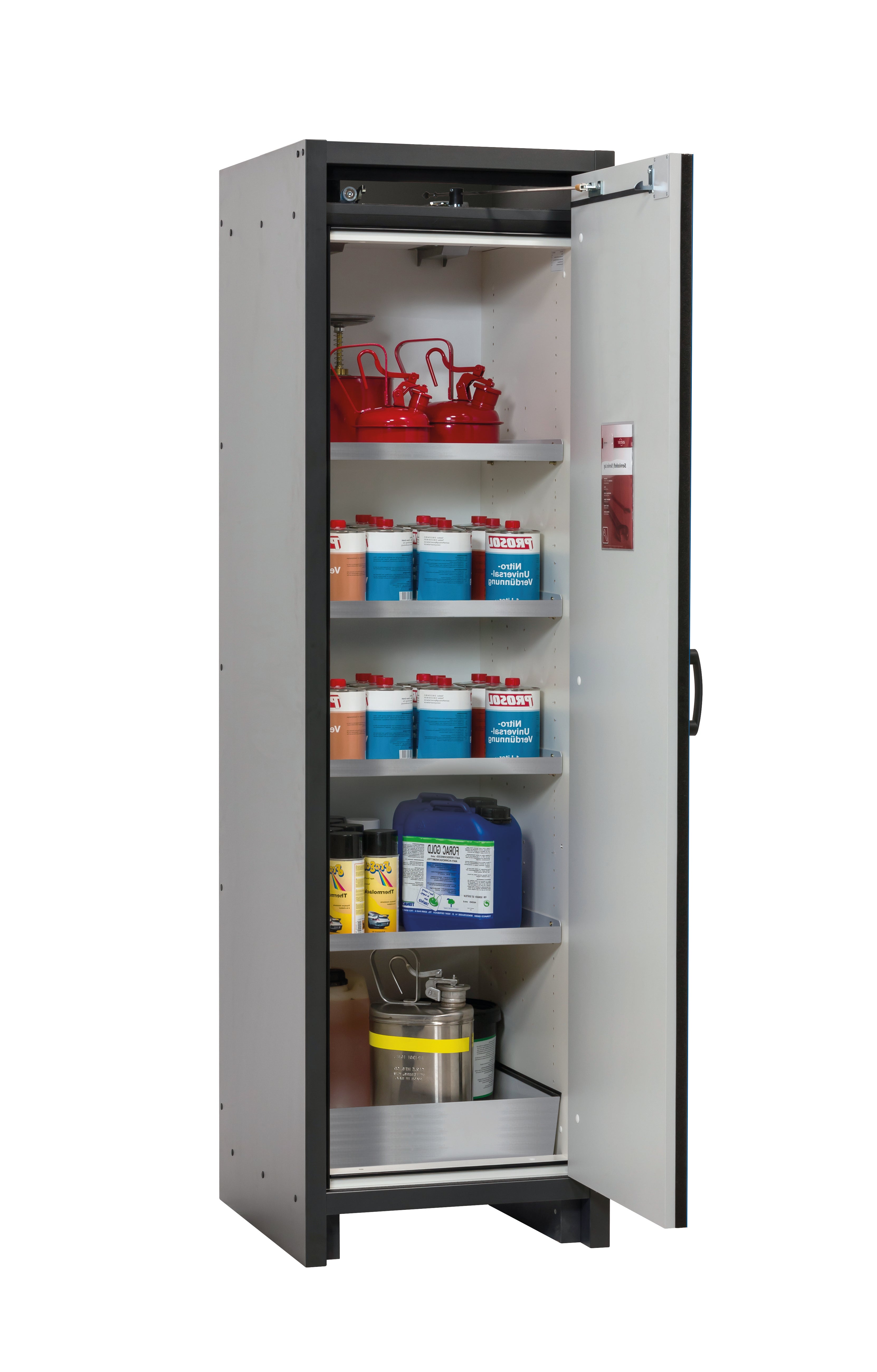 Type 30 safety cabinet Q-CLASSIC-30 model Q30.195.056.R in gentian blue RAL 5010 with 4x standard shelves (stainless steel 1.4301)