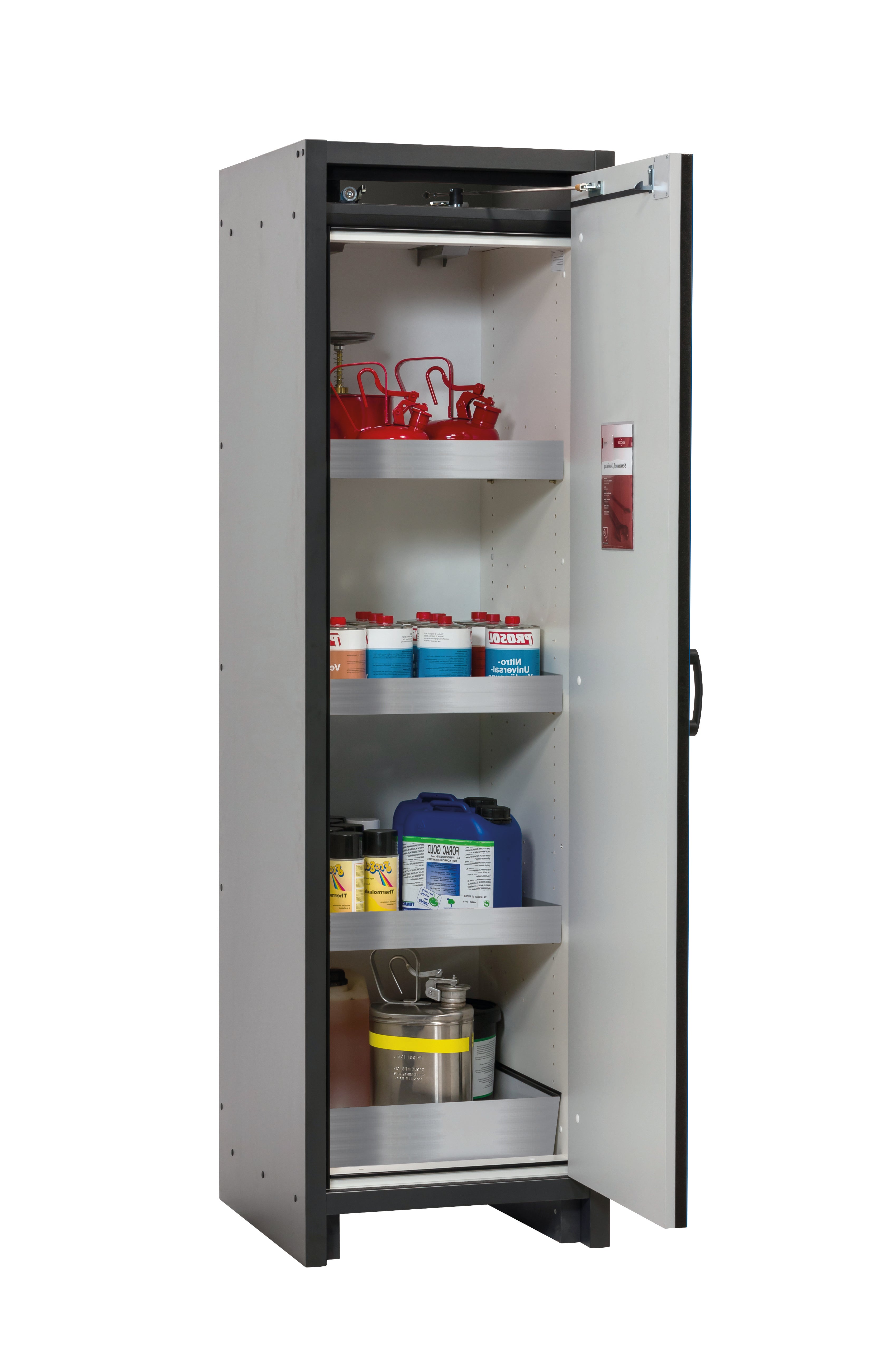 Type 30 safety cabinet Q-CLASSIC-30 model Q30.195.056.R in gentian blue RAL 5010 with 3x standard tray base (stainless steel 1.4301)