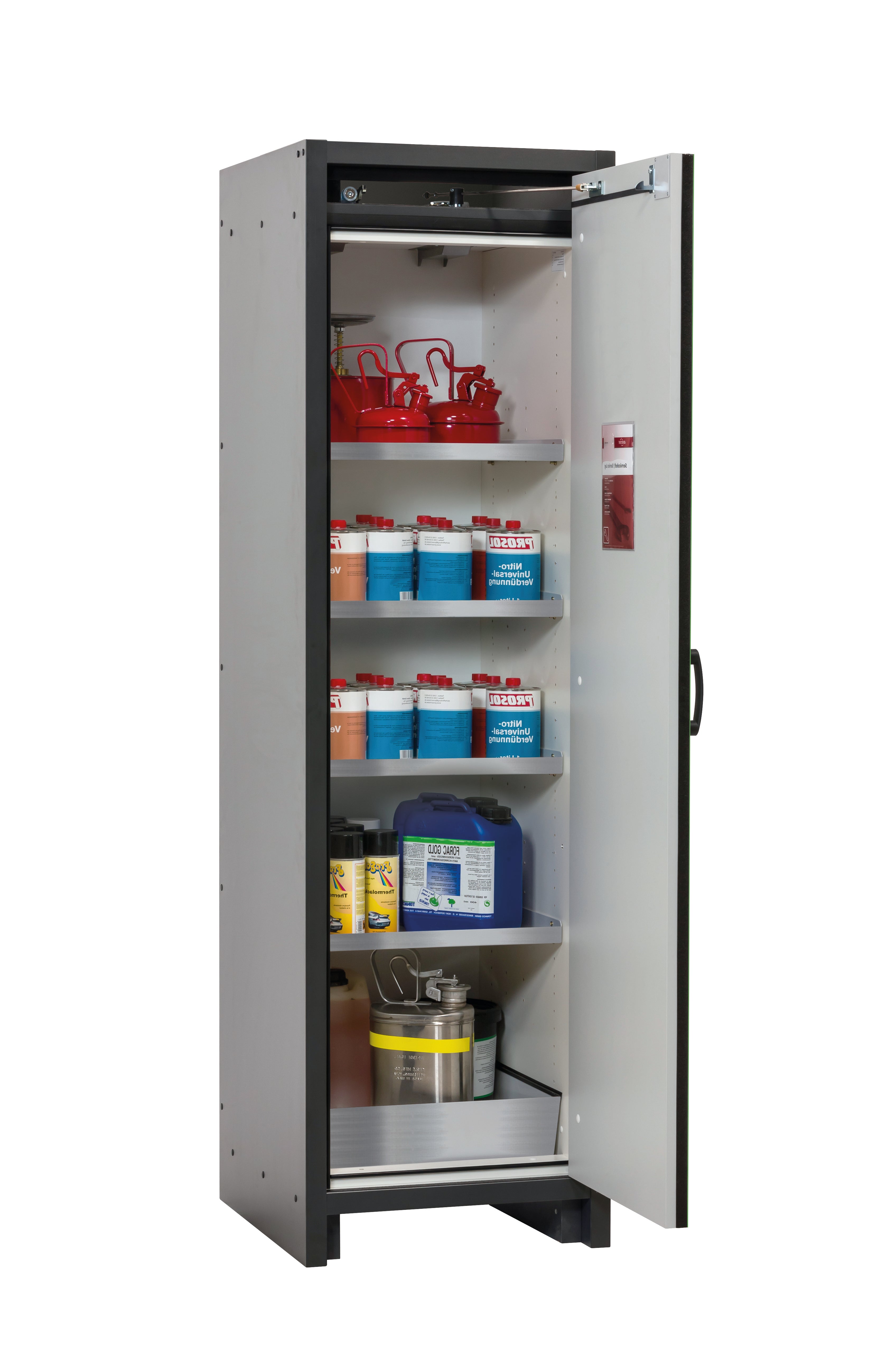 Type 30 safety cabinet Q-CLASSIC-30 model Q30.195.056.R in reseda green RAL 6011 with 4x standard shelves (stainless steel 1.4301)