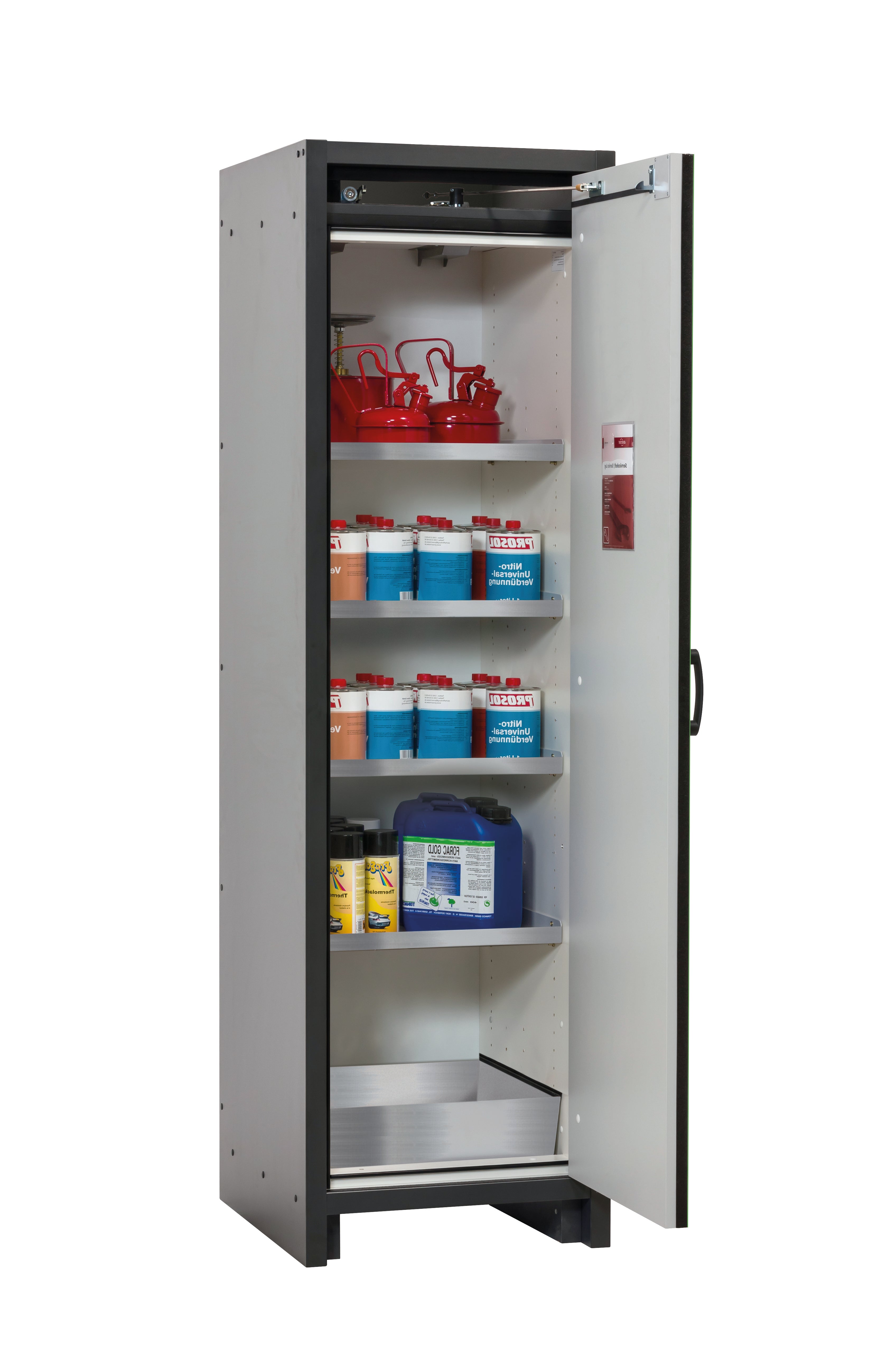 Type 30 safety cabinet Q-CLASSIC-30 model Q30.195.056.R in reseda green RAL 6011 with 4x standard shelves (stainless steel 1.4301)