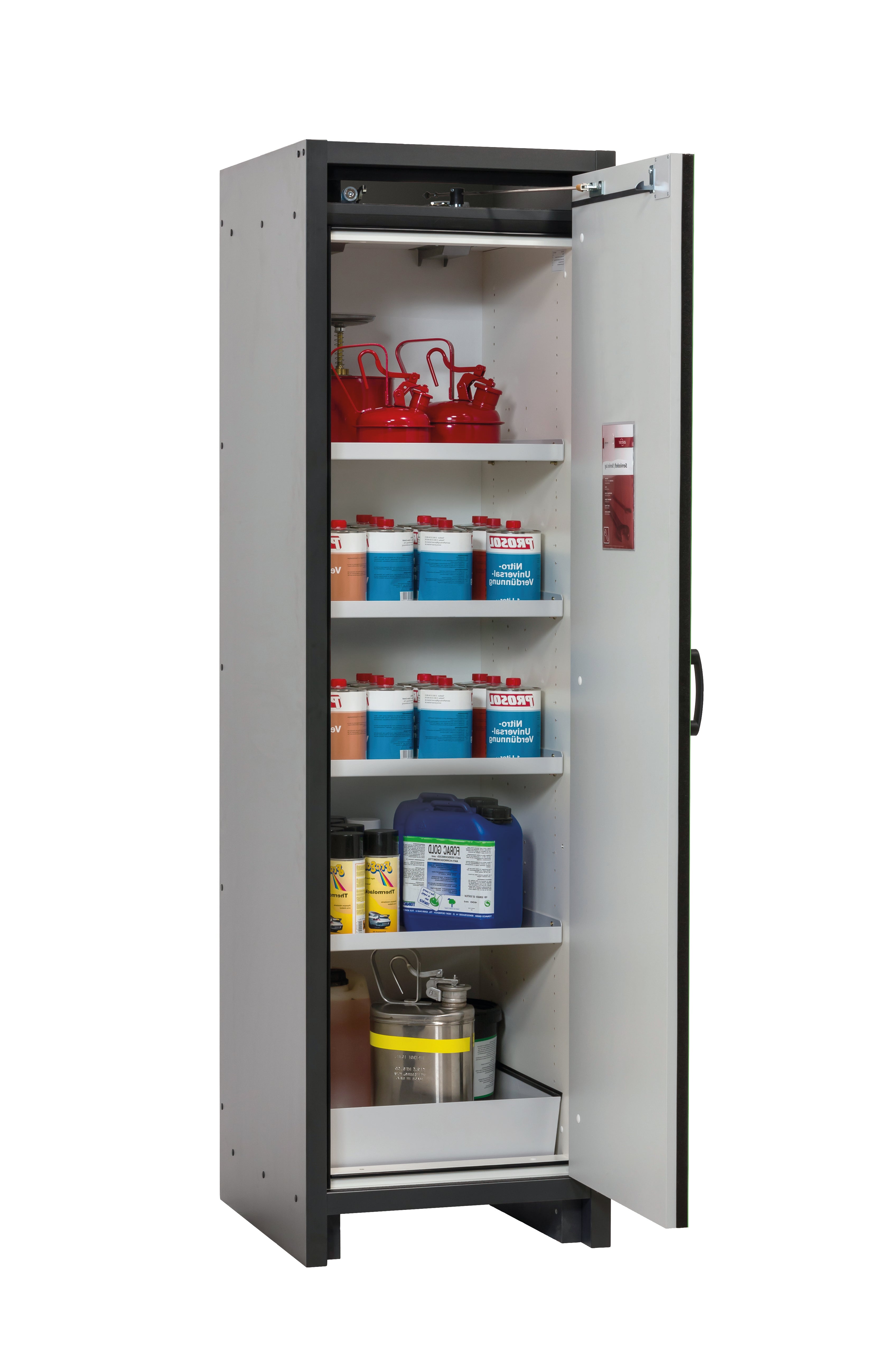 Type 30 safety cabinet Q-CLASSIC-30 model Q30.195.056.R in reseda green RAL 6011 with 4x standard shelves (sheet steel)