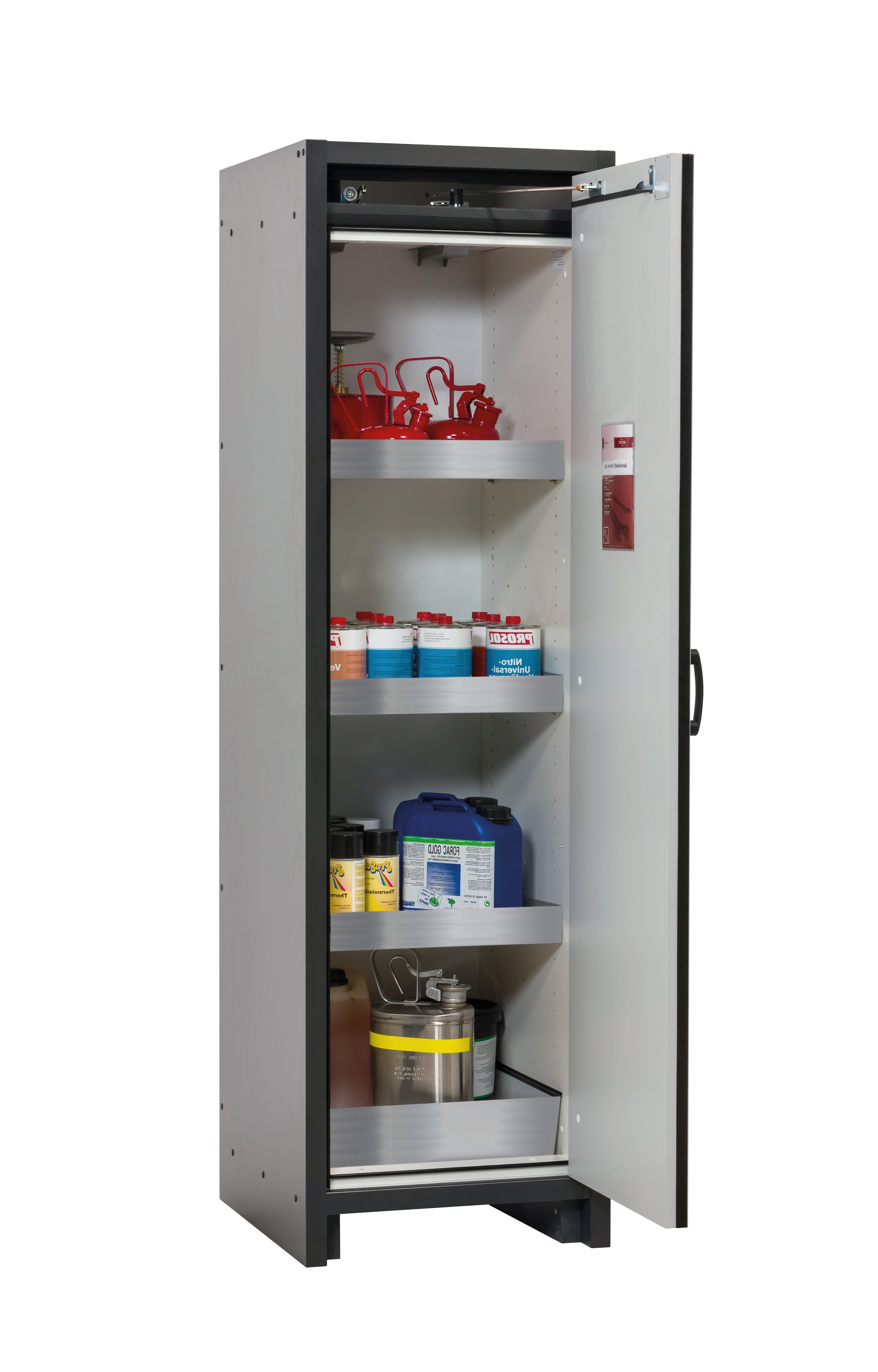 Type 30 safety cabinet Q-CLASSIC-30 model Q30.195.056.R in asecos silver with 3x standard tray base (stainless steel 1.4301)