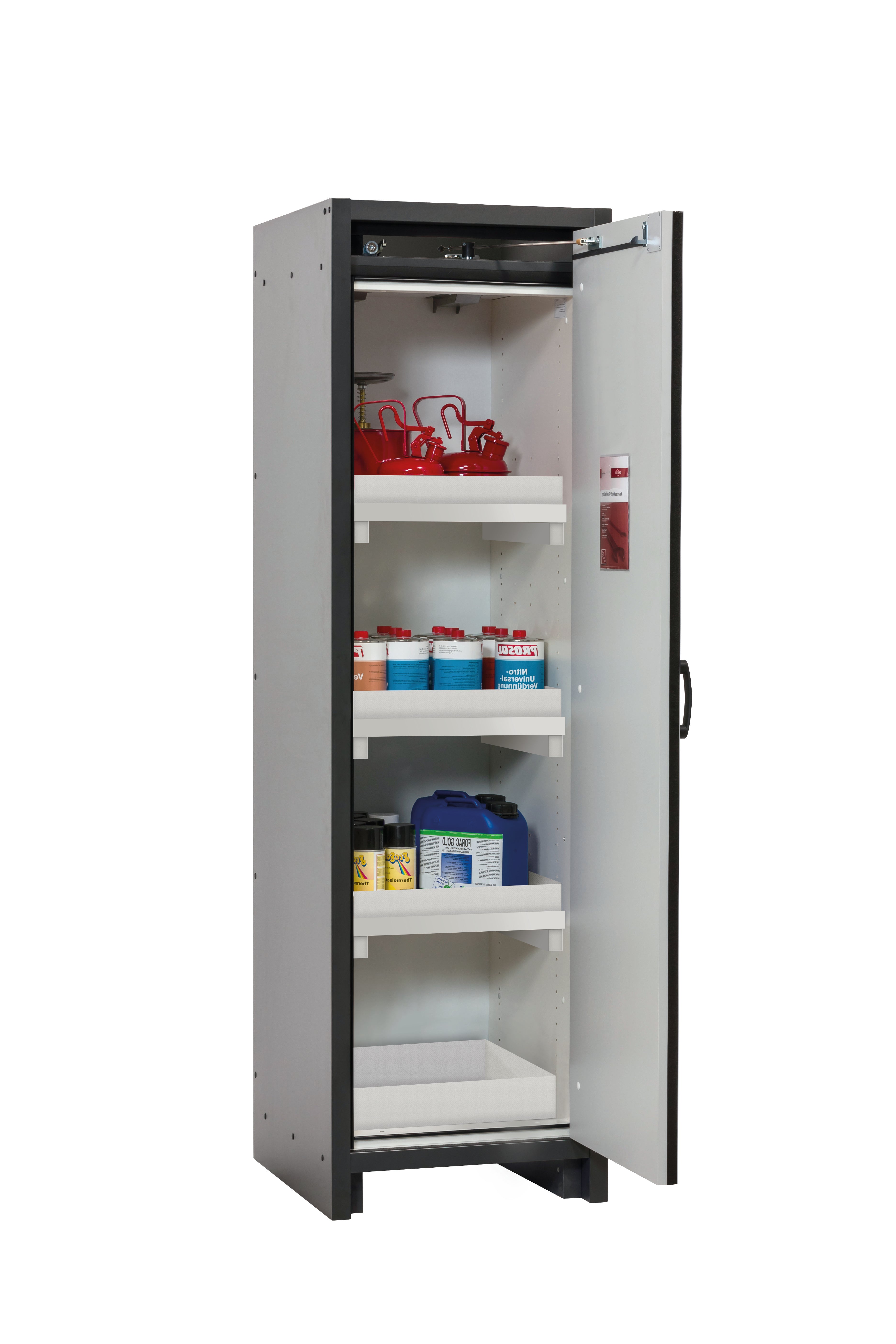 Type 30 safety cabinet Q-CLASSIC-30 model Q30.195.056.R in asecos silver with 3x standard tray base (polypropylene)