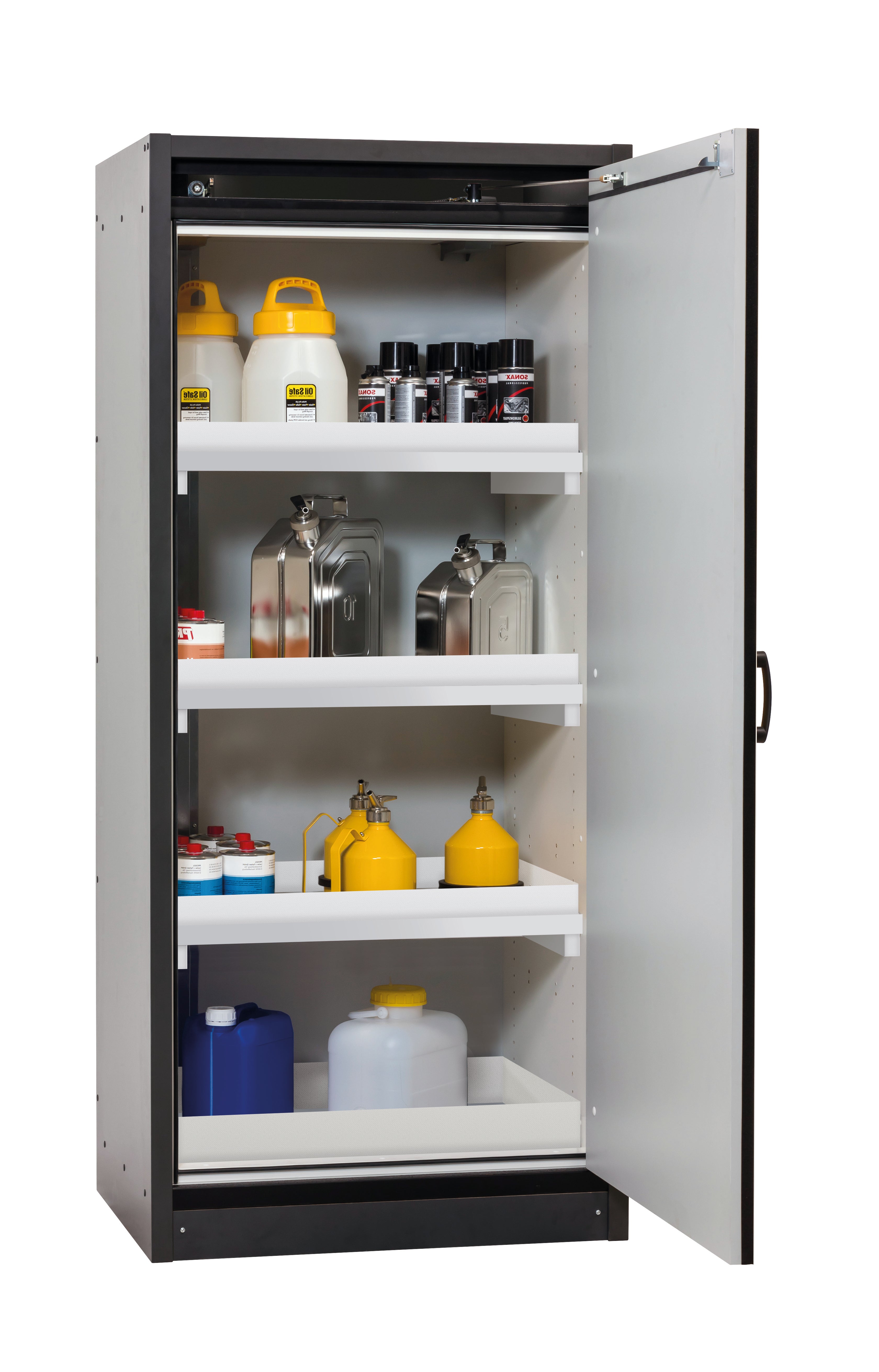 Type 30 safety cabinet Q-CLASSIC-30 model Q30.195.086.WDR in safety yellow RAL 1004 with 3x standard tray base (polypropylene)