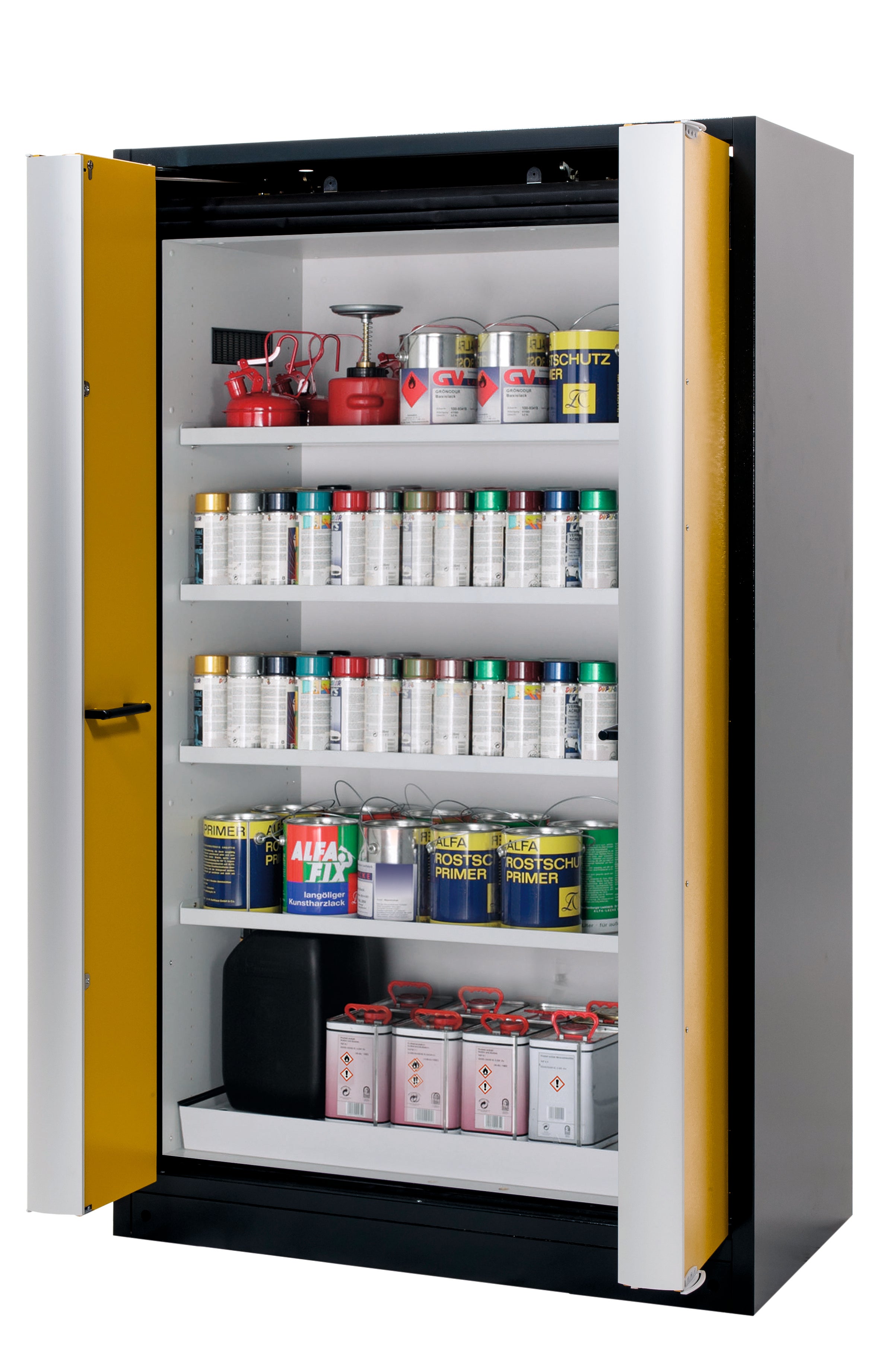 Armoire de sécurité type 90 Q-PHOENIX-90 modèle Q90.195.120.FD en jaune de sécurité RAL 1004 avec 4x étagères standard (tôle d'acier)