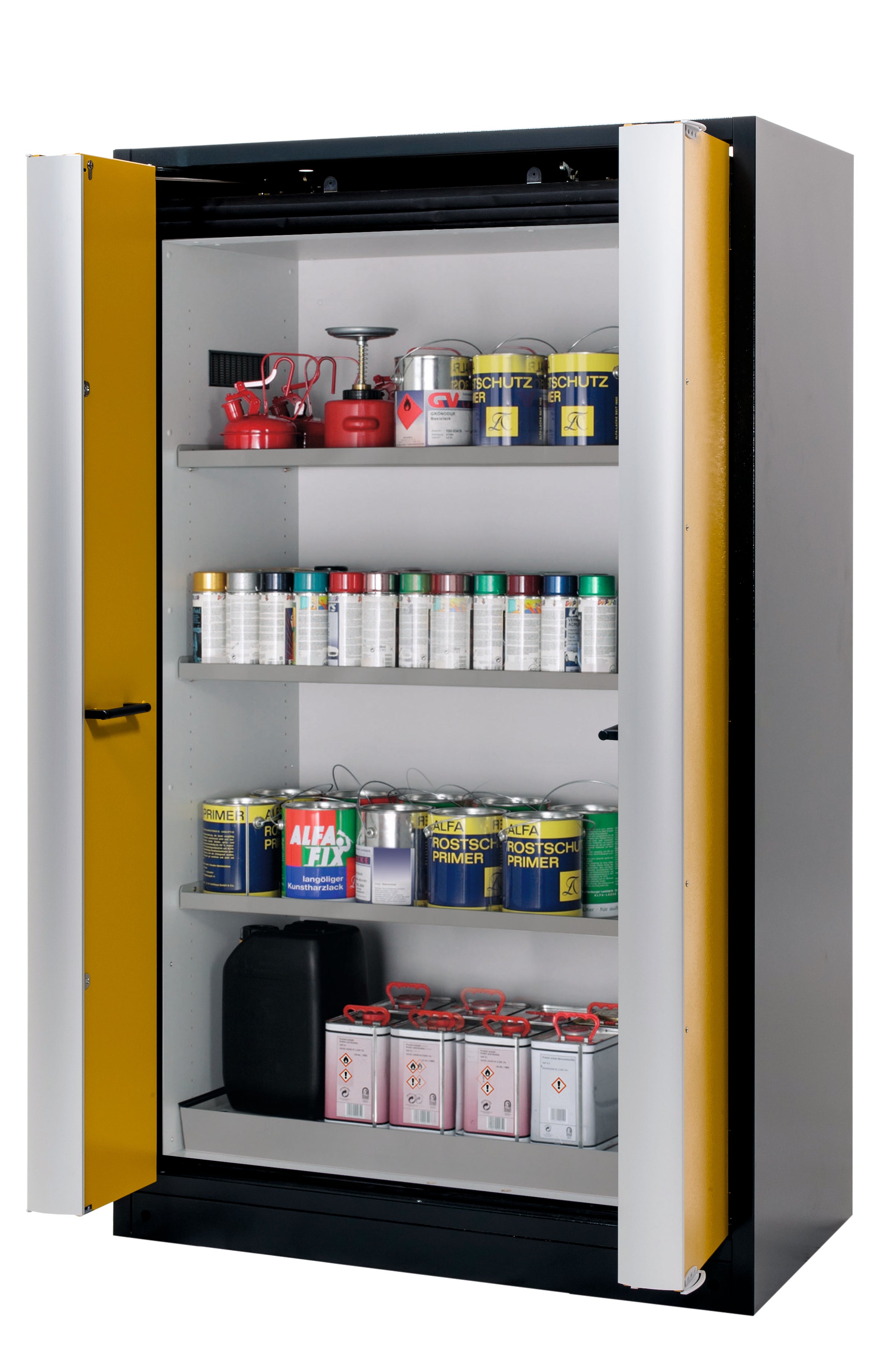 Armoire de sécurité type 90 Q-PHOENIX-90 modèle Q90.195.120.FD en jaune de sécurité RAL 1004 avec 3 étagères standard (acier inoxydable 1.4301)