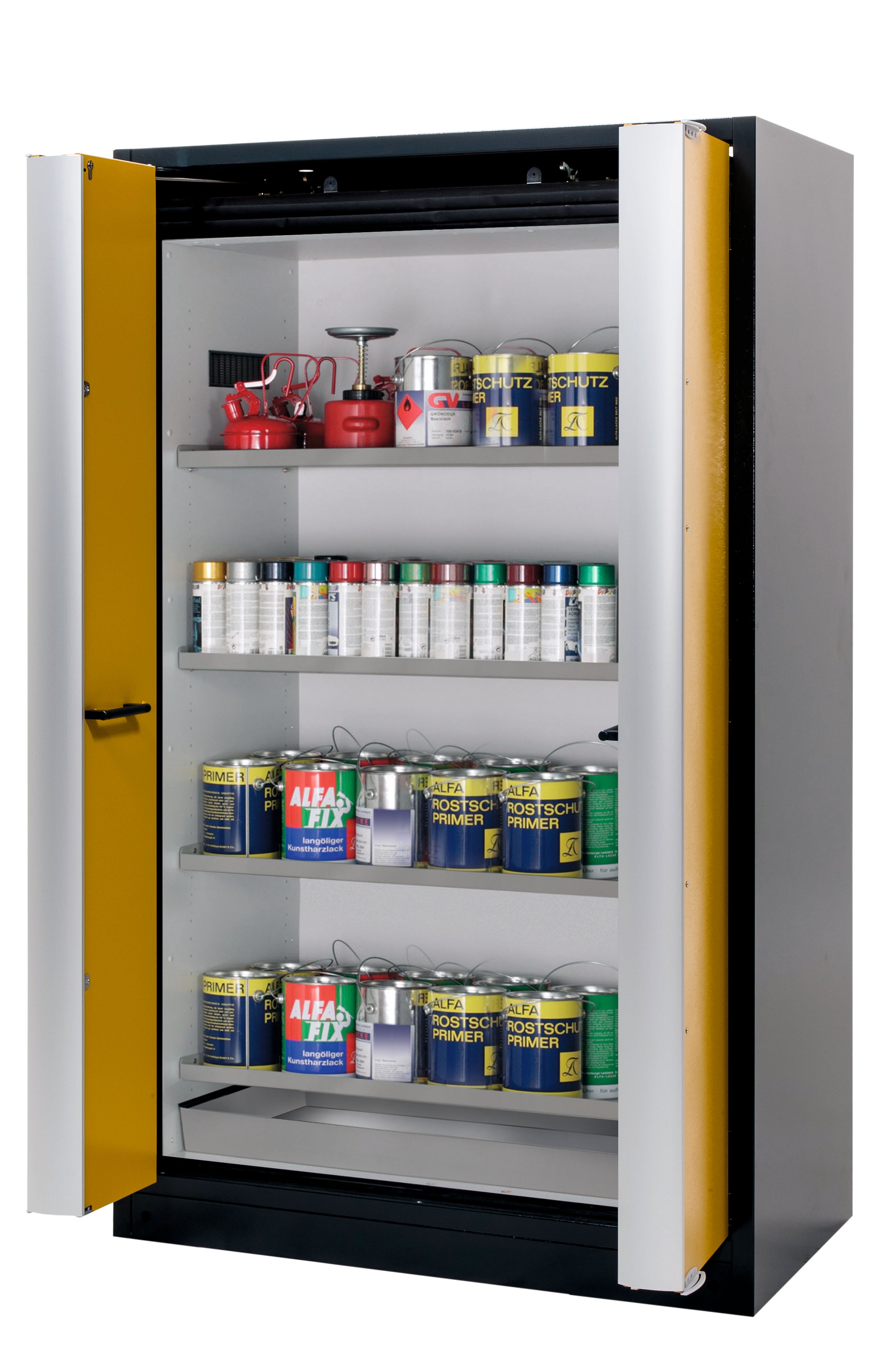 Armoire de sécurité type 90 Q-PHOENIX-90 modèle Q90.195.120.FD en jaune de sécurité RAL 1004 avec 4x étagères standard (acier inoxydable 1.4301)