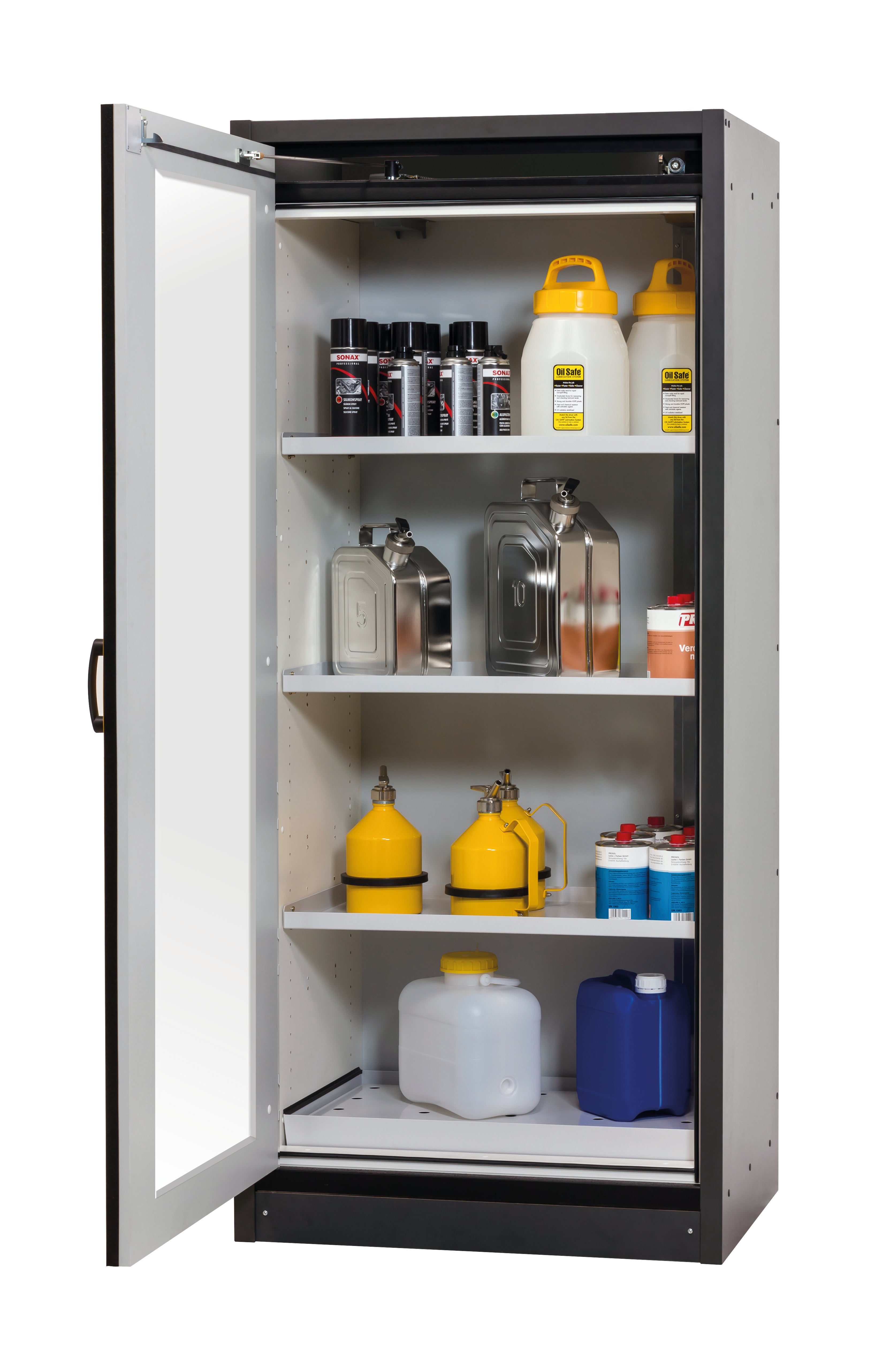 Typ 30 Sicherheitsschrank Q-DISPLAY-30 Modell Q30.195.086.WDFW in lichtgrau RAL 7035 mit 3x Fachboden Standard (Stahlblech)