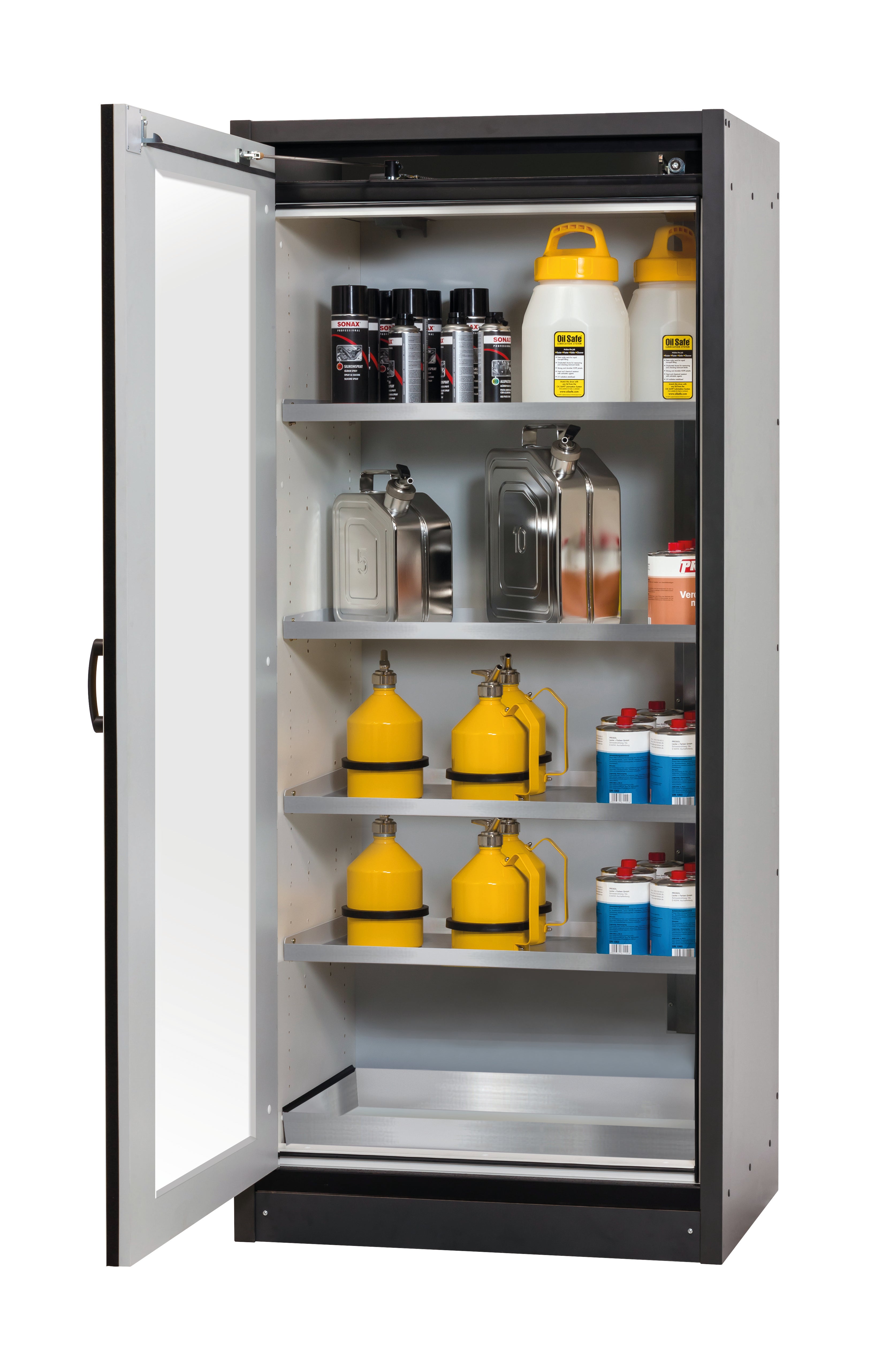 Typ 30 Sicherheitsschrank Q-DISPLAY-30 Modell Q30.195.086.WDFW in lichtgrau RAL 7035 mit 4x Fachboden Standard (Edelstahl 1.4301)