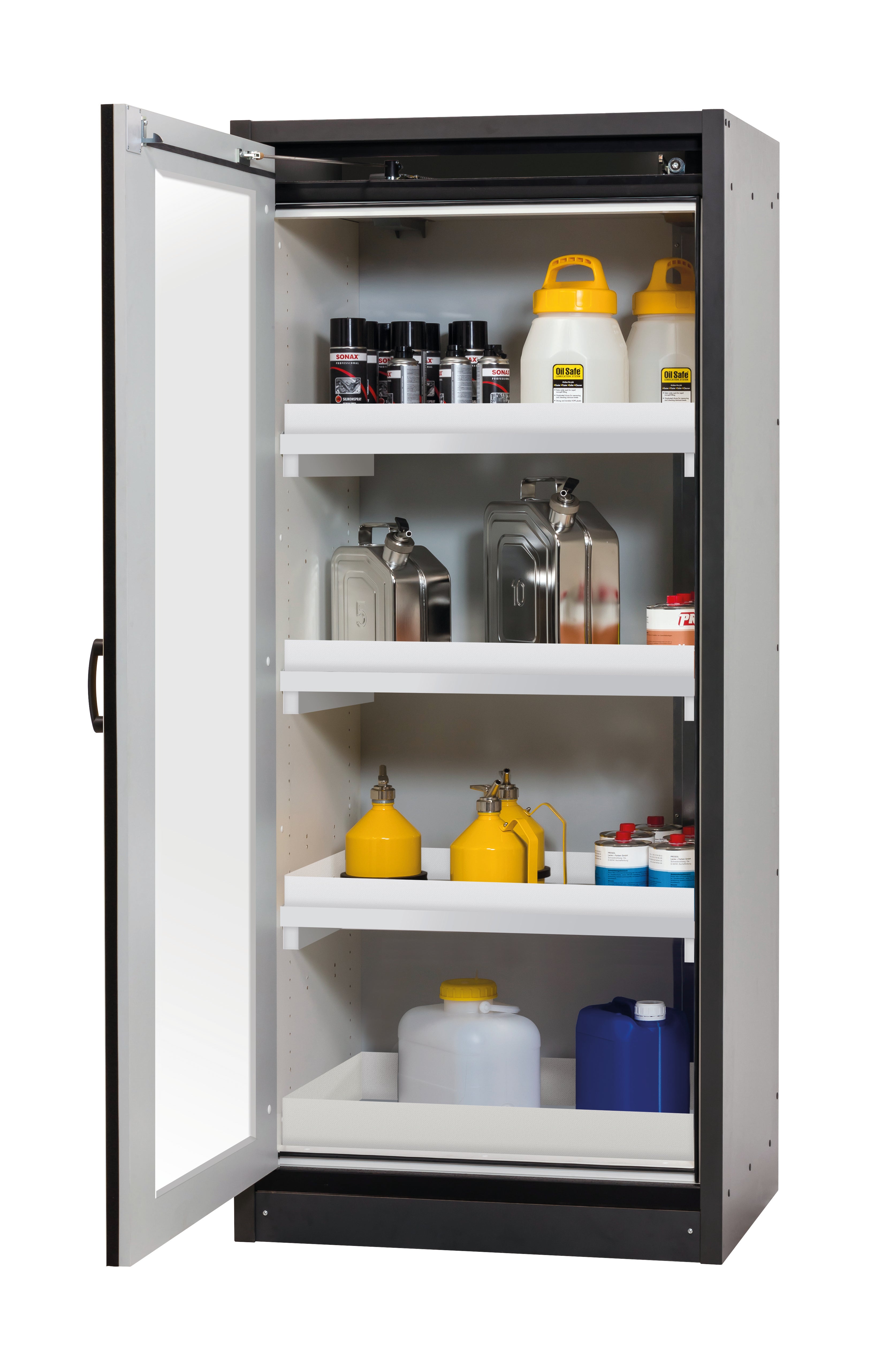 Typ 30 Sicherheitsschrank Q-DISPLAY-30 Modell Q30.195.086.WDFW in lichtgrau RAL 7035 mit 3x Wannenboden Standard (Polypropylen)