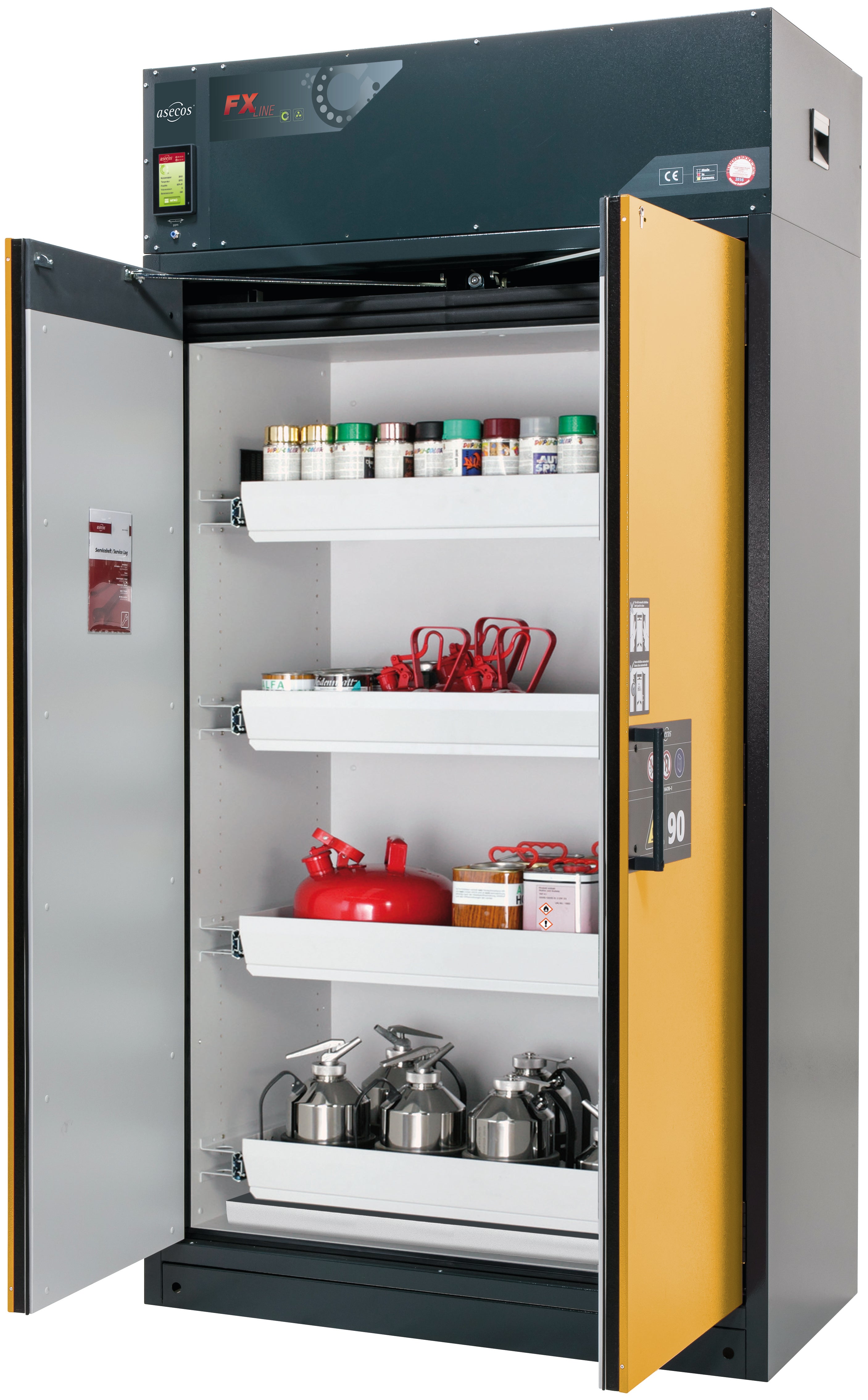 Type 90 recirculating air filter cabinet FX-PEGASUS-90 model FX90.229.120.WDAC in safety yellow RAL 1004 with 4x standard pull-out tray (sheet steel)