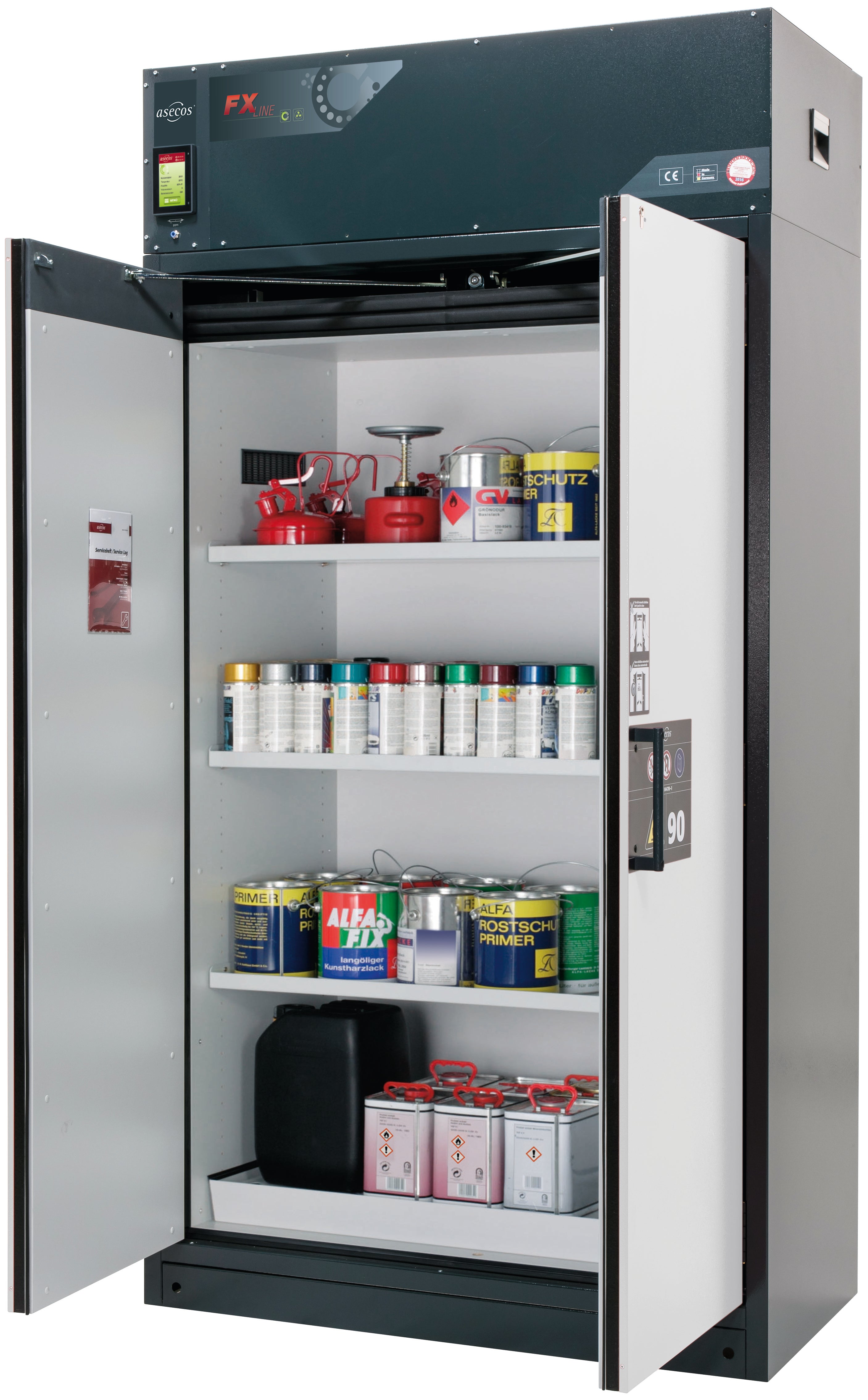 Typ 90 Umluftfilterschrank FX-PEGASUS-90 Modell FX90.229.120.WDAC in lichtgrau RAL 7035 mit 3x Fachboden Standard (Stahlblech)