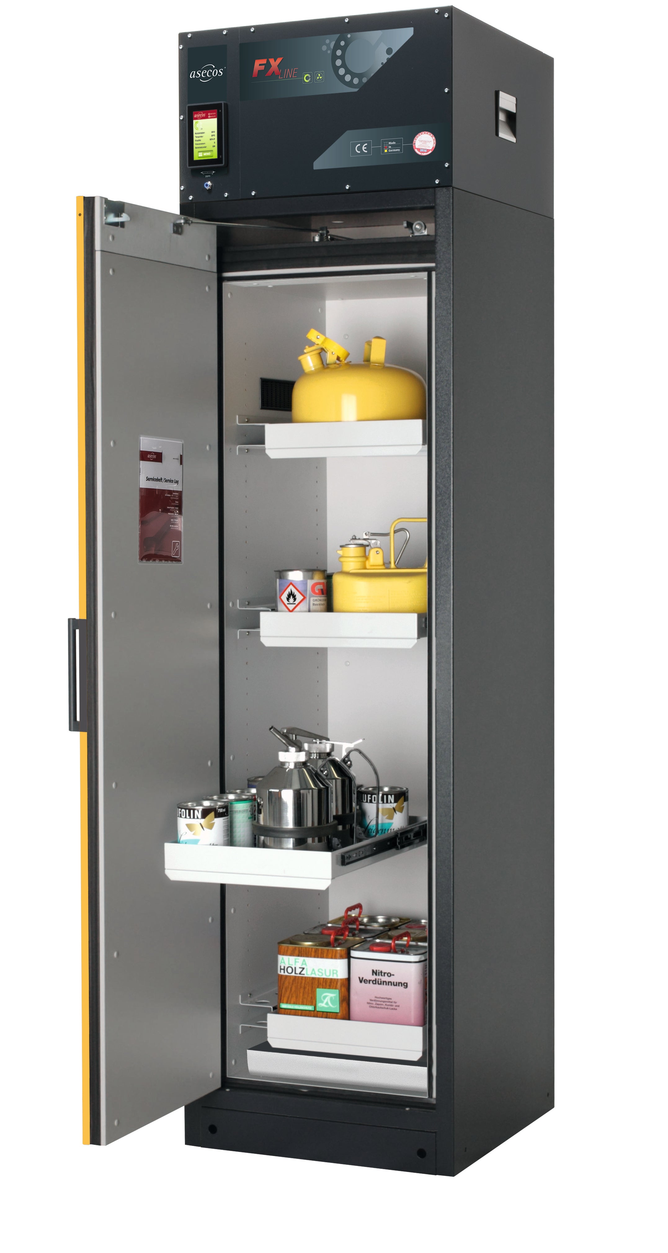 Typ 90 Umluftfilterschrank FX-PEGASUS-90 Modell FX90.229.060.WDAC in sicherheitsgelb RAL 1004 mit 4x Auszugswanne Standard (Stahlblech)