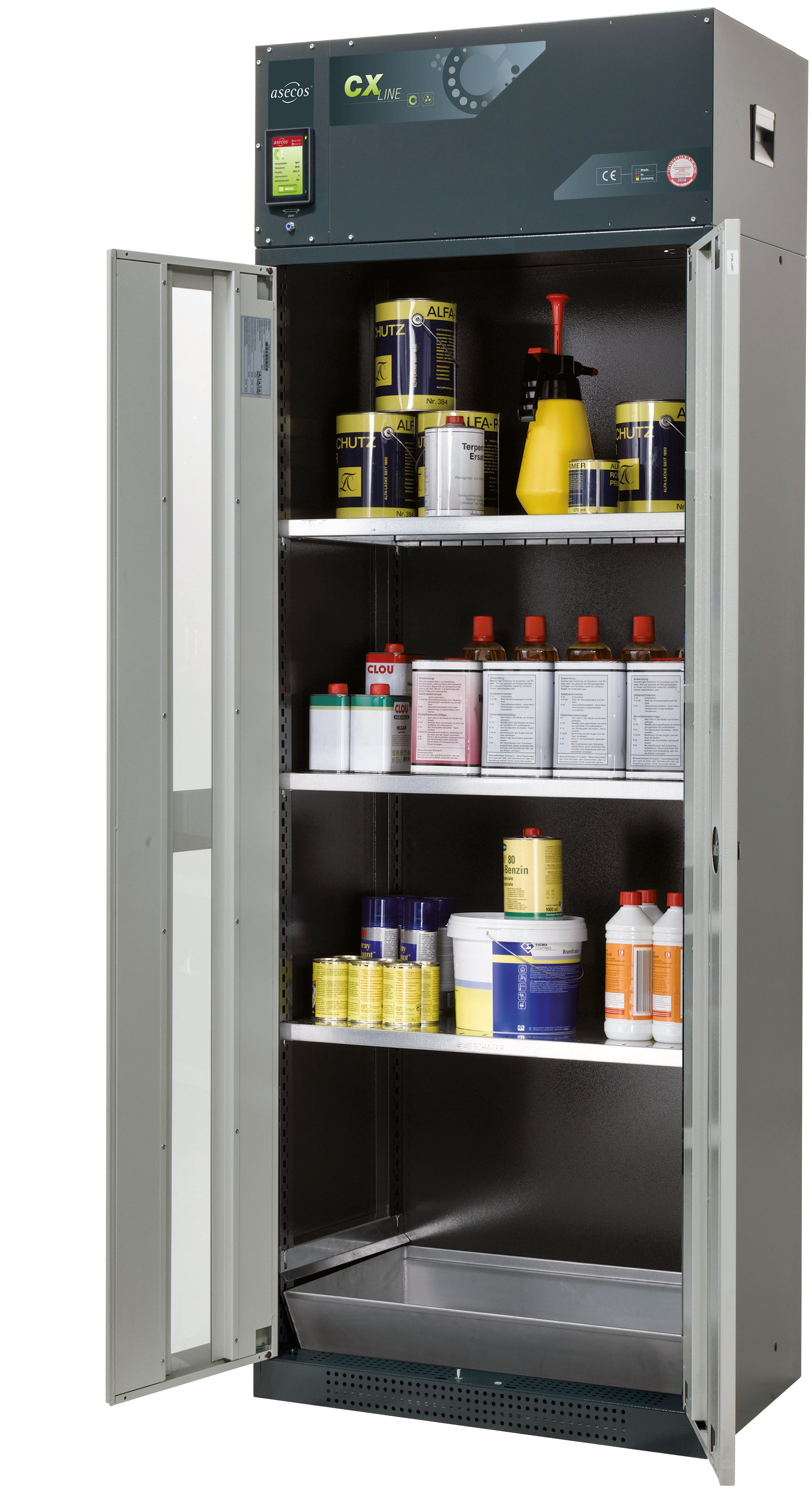 Armoire de filtration d'air à recirculation CX-CLASSIC-G modèle CX.229.081.WDFW en gris clair RAL 7035 avec 3x étagères standard (tôle d'acier)